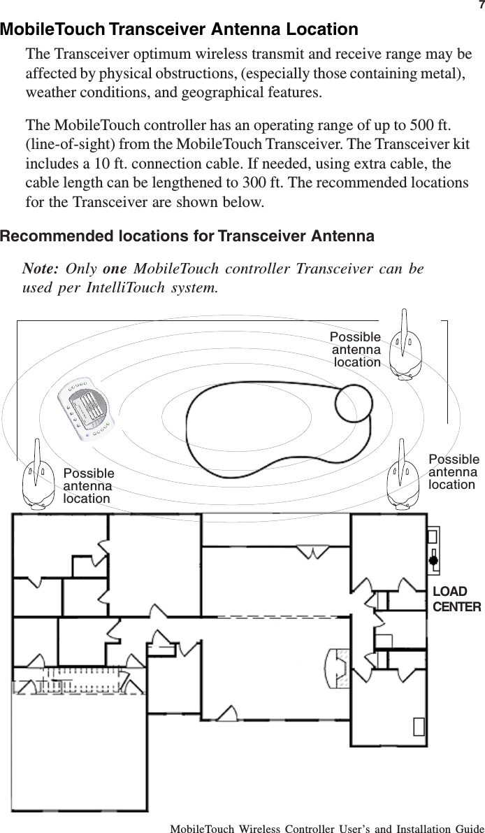 MobileTouch Wireless Controller User’s and Installation Guide7MobileTouch Transceiver Antenna LocationThe Transceiver optimum wireless transmit and receive range may beaffected by physical obstructions, (especially those containing metal),weather conditions, and geographical features.The MobileTouch controller has an operating range of up to 500 ft.(line-of-sight) from the MobileTouch Transceiver. The Transceiver kitincludes a 10 ft. connection cable. If needed, using extra cable, thecable length can be lengthened to 300 ft. The recommended locationsfor the Transceiver are shown below.Recommended locations for Transceiver AntennaLOADCENTERNote:  Only  one MobileTouch controller Transceiver can beused per IntelliTouch system.PossibleantennalocationPossibleantennalocationPossibleantennalocation