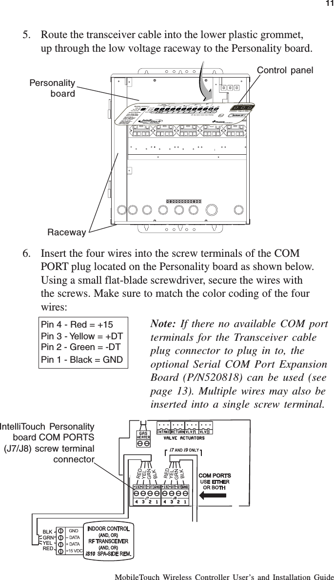 MobileTouch Wireless Controller User’s and Installation Guide5. Route the transceiver cable into the lower plastic grommet,up through the low voltage raceway to the Personality board.6. Insert the four wires into the screw terminals of the COMPORT plug located on the Personality board as shown below.Using a small flat-blade screwdriver, secure the wires withthe screws. Make sure to match the color coding of the fourwires:Pin 4 - Red = +15Pin 3 - Yellow = +DTPin 2 - Green = -DTPin 1 - Black = GND11BLKGRNYELRED IntelliTouch Personalityboard COM PORTS(J7/J8) screw terminalconnector      RacewayControl panelPersonalityboardNote: If there no available COM portterminals for the Transceiver cableplug connector to plug in to, theoptional Serial COM Port ExpansionBoard (P/N520818) can be used (seepage 13). Multiple wires may also beinserted into a single screw terminal.