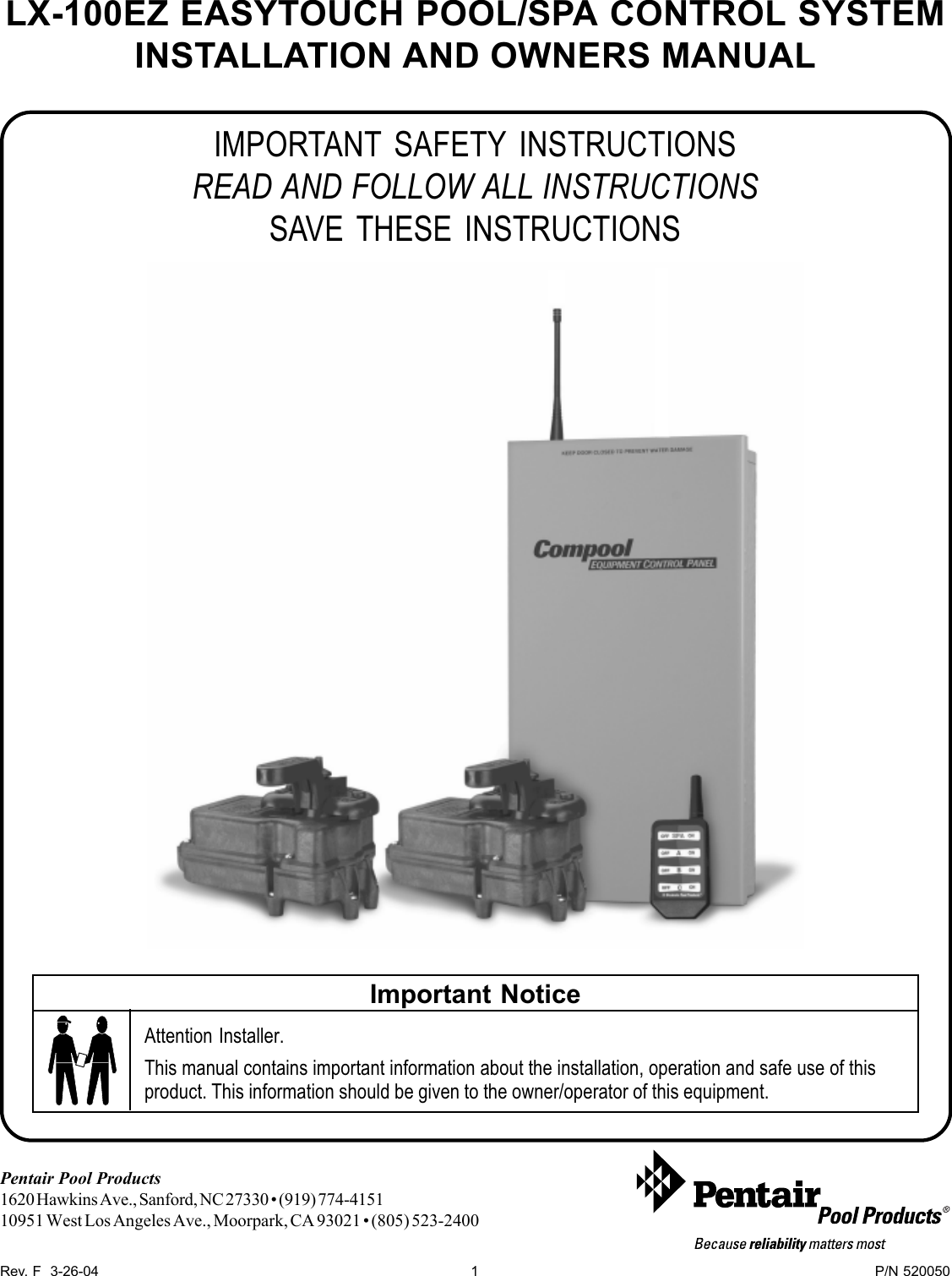 Pentair Easytouch Pool Spa Control System Lx 100Ez Users Manual LX100ez