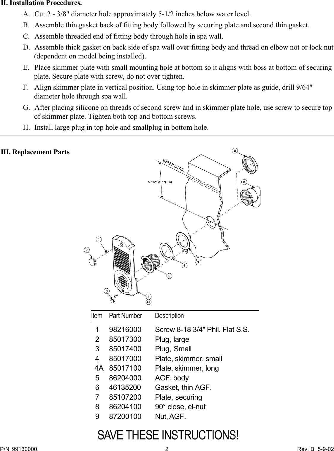 Page 2 of 2 - Pentair Pentair-Hot-Tub-Skimmer-Users-Manual- 99130000_5-02_B.p65  Pentair-hot-tub-skimmer-users-manual