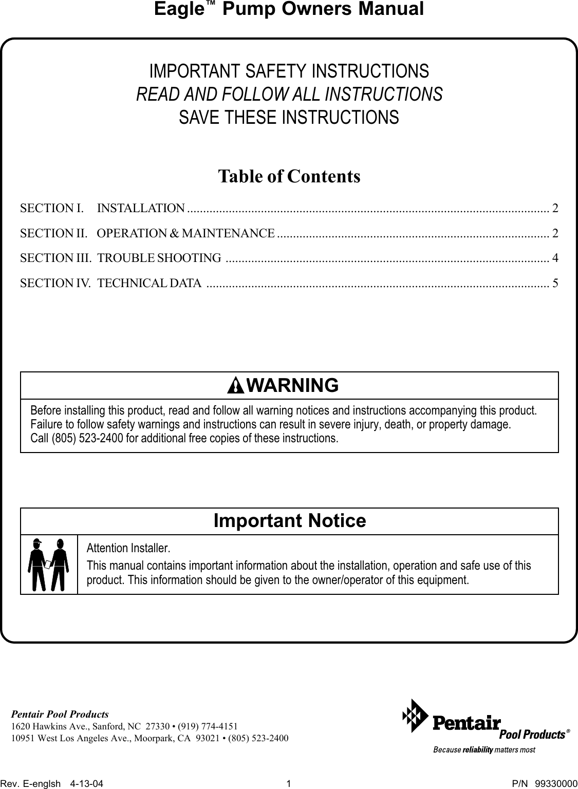 Page 1 of 6 - Pentair Pentair-Pump-Eagle-Users-Manual- 99330000-5-01_englsh.p65  Pentair-pump-eagle-users-manual