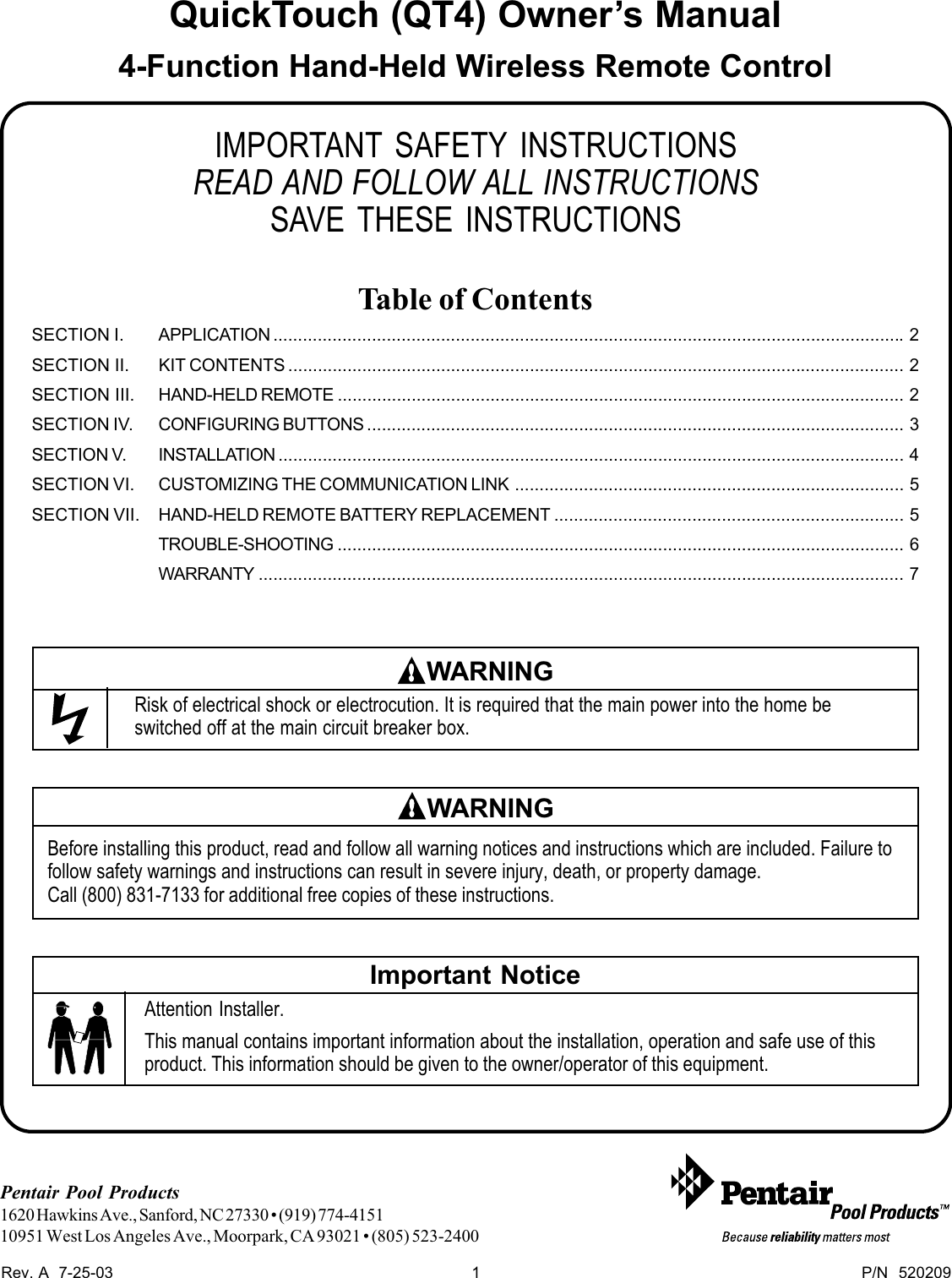 Page 1 of 8 - Pentair Pentair-Quicktouch-Qt4-Users-Manual-  Pentair-quicktouch-qt4-users-manual