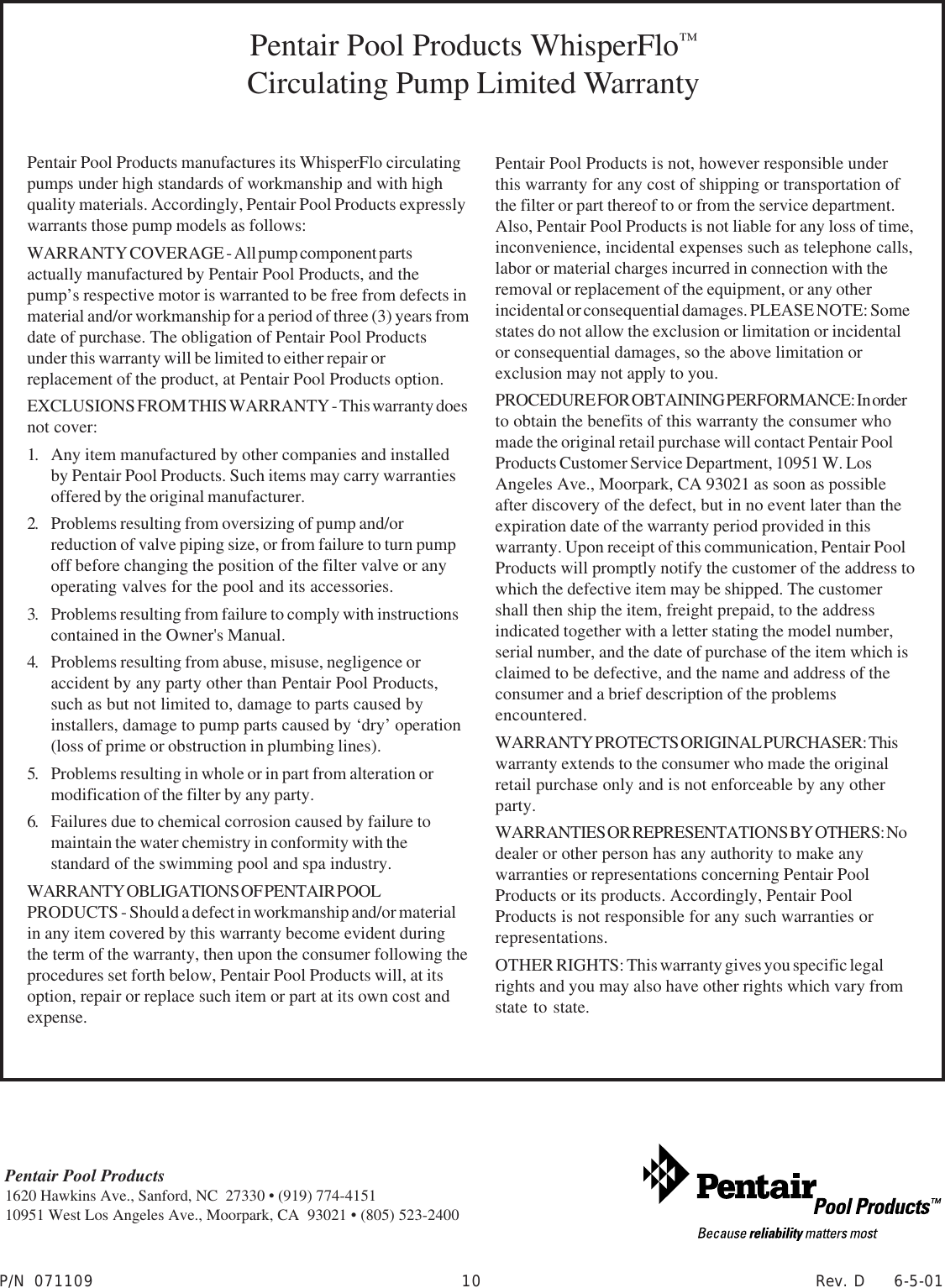 Page 10 of 10 - Pentair Pentair-Whisperflo-Pump-Users-Manual- 071109_Rev D-6-01.p65  Pentair-whisperflo-pump-users-manual