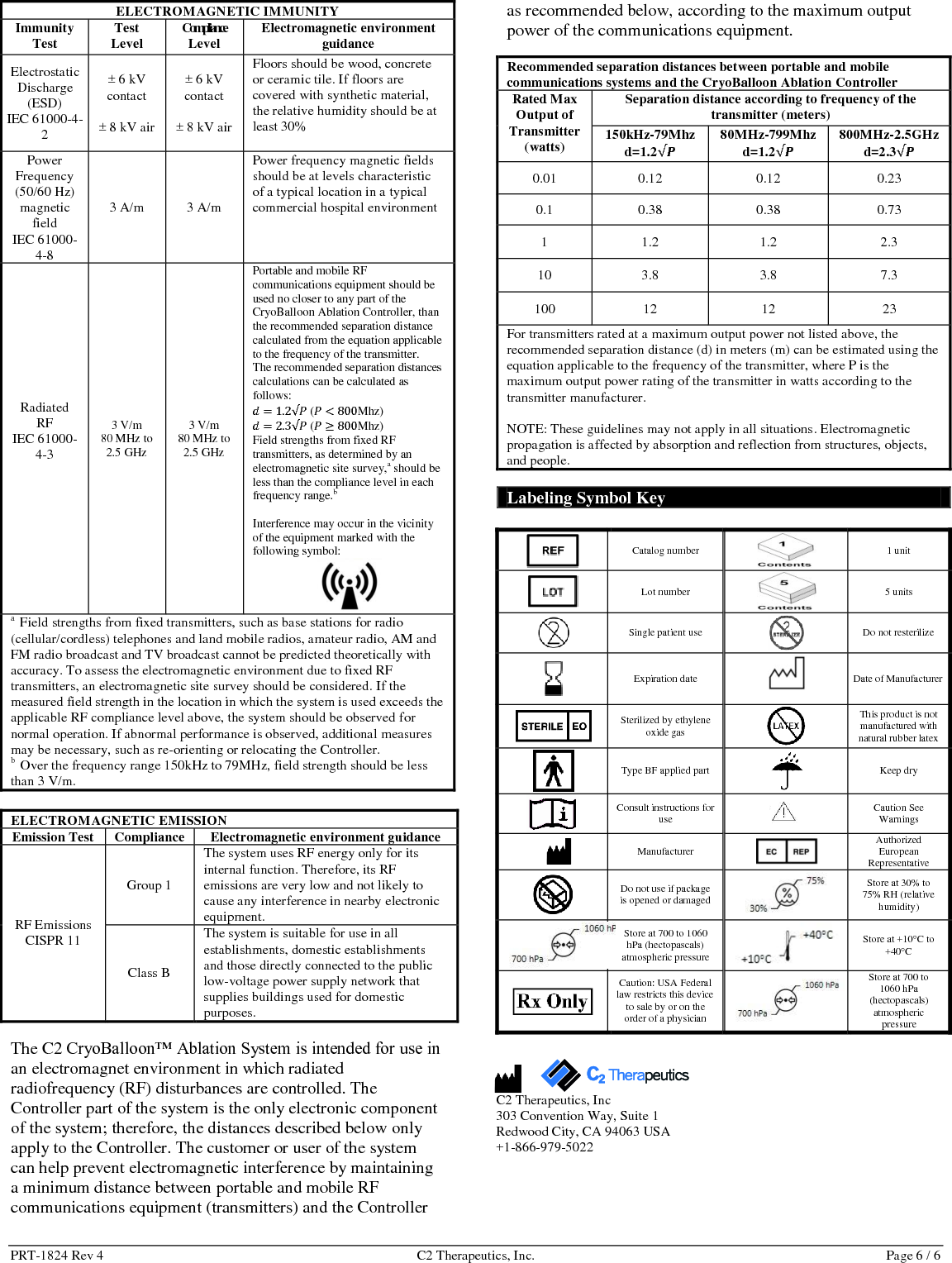 PRT-1824 Rev 4  C2 Therapeutics, Inc.  Page 6 / 6 ELECTROMAGNETIC IMMUNITY Immunity Test Test Level Compliance Level Electromagnetic environment guidance Electrostatic Discharge (ESD) IEC 61000-4-2 &plusmn; 6 kV contact  &plusmn; 8 kV air &plusmn; 6 kV contact  &plusmn; 8 kV air Floors should be wood, concrete or ceramic tile. If floors are covered with synthetic material, the relative humidity should be at least 30% Power Frequency (50/60 Hz) magnetic field IEC 61000-4-8 3 A/m 3 A/m Power frequency magnetic fields should be at levels characteristic of a typical location in a typical commercial hospital environment Radiated RF IEC 61000-4-3  3 V/m 80 MHz to 2.5 GHz 3 V/m 80 MHz to 2.5 GHz Portable and mobile RF communications equipment should be used no closer to any part of the CryoBalloon Ablation Controller, than the recommended separation distance calculated from the equation applicable to the frequency of the transmitter.  The recommended separation distances calculations can be calculated as follows:    (  Mhz)    (  Mhz) Field strengths from fixed RF transmitters, as determined by an electromagnetic site survey,a should be less than the compliance level in each frequency range.b  Interference may occur in the vicinity of the equipment marked with the following symbol:  a  Field strengths from fixed transmitters, such as base stations for radio (cellular/cordless) telephones and land mobile radios, amateur radio, AM and FM radio broadcast and TV broadcast cannot be predicted theoretically with accuracy. To assess the electromagnetic environment due to fixed RF transmitters, an electromagnetic site survey should be considered. If the measured field strength in the location in which the system is used exceeds the applicable RF compliance level above, the system should be observed for normal operation. If abnormal performance is observed, additional measures may be necessary, such as re-orienting or relocating the Controller. b  Over the frequency range 150kHz to 79MHz, field strength should be less than 3 V/m.  ELECTROMAGNETIC EMISSION Emission Test Compliance Electromagnetic environment guidance RF Emissions CISPR 11 Group 1 The system uses RF energy only for its internal function. Therefore, its RF emissions are very low and not likely to cause any interference in nearby electronic equipment. Class B The system is suitable for use in all establishments, domestic establishments and those directly connected to the public low-voltage power supply network that supplies buildings used for domestic purposes.  The C2 CryoBalloon&trade; Ablation System is intended for use in an electromagnet environment in which radiated radiofrequency (RF) disturbances are controlled. The Controller part of the system is the only electronic component of the system; therefore, the distances described below only apply to the Controller. The customer or user of the system can help prevent electromagnetic interference by maintaining a minimum distance between portable and mobile RF communications equipment (transmitters) and the Controller as recommended below, according to the maximum output power of the communications equipment.  Recommended separation distances between portable and mobile communications systems and the CryoBalloon Ablation Controller Rated Max Output of Transmitter (watts) Separation distance according to frequency of the transmitter (meters) 150kHz-79Mhz d=1.2 80MHz-799Mhz d=1.2 800MHz-2.5GHz d=2.3 0.01 0.12 0.12 0.23 0.1 0.38 0.38 0.73 1 1.2 1.2 2.3 10 3.8 3.8 7.3 100 12 12 23 For transmitters rated at a maximum output power not listed above, the recommended separation distance (d) in meters (m) can be estimated using the equation applicable to the frequency of the transmitter, where P is the maximum output power rating of the transmitter in watts according to the transmitter manufacturer.  NOTE: These guidelines may not apply in all situations. Electromagnetic propagation is affected by absorption and reflection from structures, objects, and people.  Labeling Symbol Key Warranty  Catalog number  1 unit  Lot number  5 units  Single patient use  Do not resterilize  Expiration date   Date of Manufacturer  Sterilized by ethylene oxide gas  This product is not manufactured with natural rubber latex  Type BF applied part  Keep dry  Consult instructions for use  Caution See Warnings  Manufacturer  Authorized European Representative  Do not use if package is opened or damaged  Store at 30% to 75% RH (relative humidity)  Store at 700 to 1060 hPa (hectopascals) atmospheric pressure  Store at +10C to +40C  Caution: USA Federal law restricts this device to sale by or on the order of a physician  Store at 700 to 1060 hPa (hectopascals) atmospheric pressure    C2 Therapeutics, Inc 303 Convention Way, Suite 1 Redwood City, CA 94063 USA +1-866-979-5022   