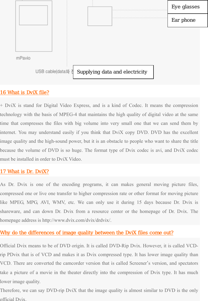  16 What is DviX file? + DviX is stand for Digital Video Express, and is a kind of Codec. It means the compression technology with the basis of MPEG-4 that maintains the high quality of digital video at the same time that compresses the files with big volume into very small one that we can send them by internet. You may understand easily if you think that DviX copy DVD. DVD has the excellent image quality and the high-sound power, but it is an obstacle to people who want to share the title because the volume of DVD is so huge. The format type of Dvix codec is avi, and DviX codec must be installed in order to DviX Video. 17 What is Dr. DviX? As Dr. Dvix is one of the encoding programs, it can makes general moving picture files, compressed one or live one transfer to higher compression rate or other format for moving picture like MPEG, MPG, AVI, WMV, etc. We can only use it during 15 days because Dr. Dvix is shareware, and can down Dr. Dvix from a resource center or the homepage of Dr. Dvix. The homepage address is http://www.dvix.com/dvix/drdvix/. Why do the differences of image quality between the DviX files come out? Official Dvix means to be of DVD origin. It is called DVD-Rip Dvix. However, it is called VCD-rip PDvix that is of VCD and makes it as Dvix compressed type. It has lower image quality than VCD. There are converted the camcorder version that is called Screener’s version, and spectators take a picture of a movie in the theater directly into the compression of Dvix type. It has much lower image quality. Therefore, we can say DVD-rip DviX that the image quality is almost similar to DVD is the only official Dvix. Eye glasses Ear phone Supplying data and electricity 