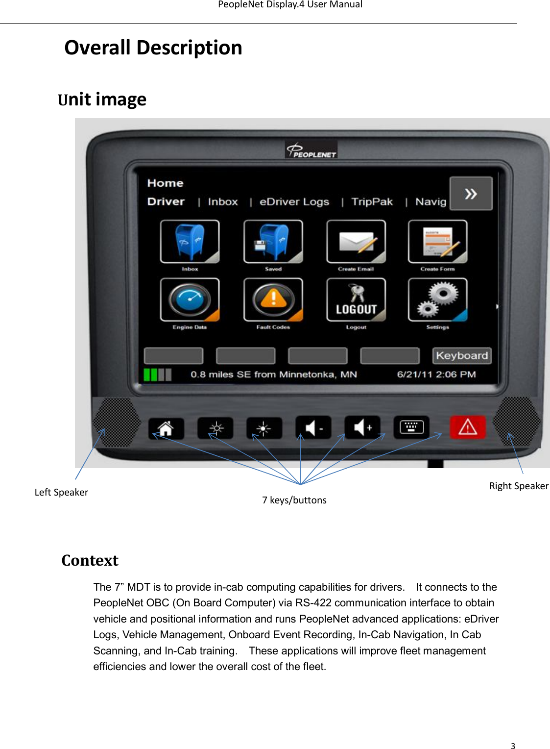 PeopleNet Display.4 User Manual  3  Overall Description Unit image      Context The 7” MDT is to provide in-cab computing capabilities for drivers.    It connects to the PeopleNet OBC (On Board Computer) via RS-422 communication interface to obtain vehicle and positional information and runs PeopleNet advanced applications: eDriver Logs, Vehicle Management, Onboard Event Recording, In-Cab Navigation, In Cab Scanning, and In-Cab training.    These applications will improve fleet management efficiencies and lower the overall cost of the fleet.  Left Speaker  Right Speaker 7 keys/buttons 