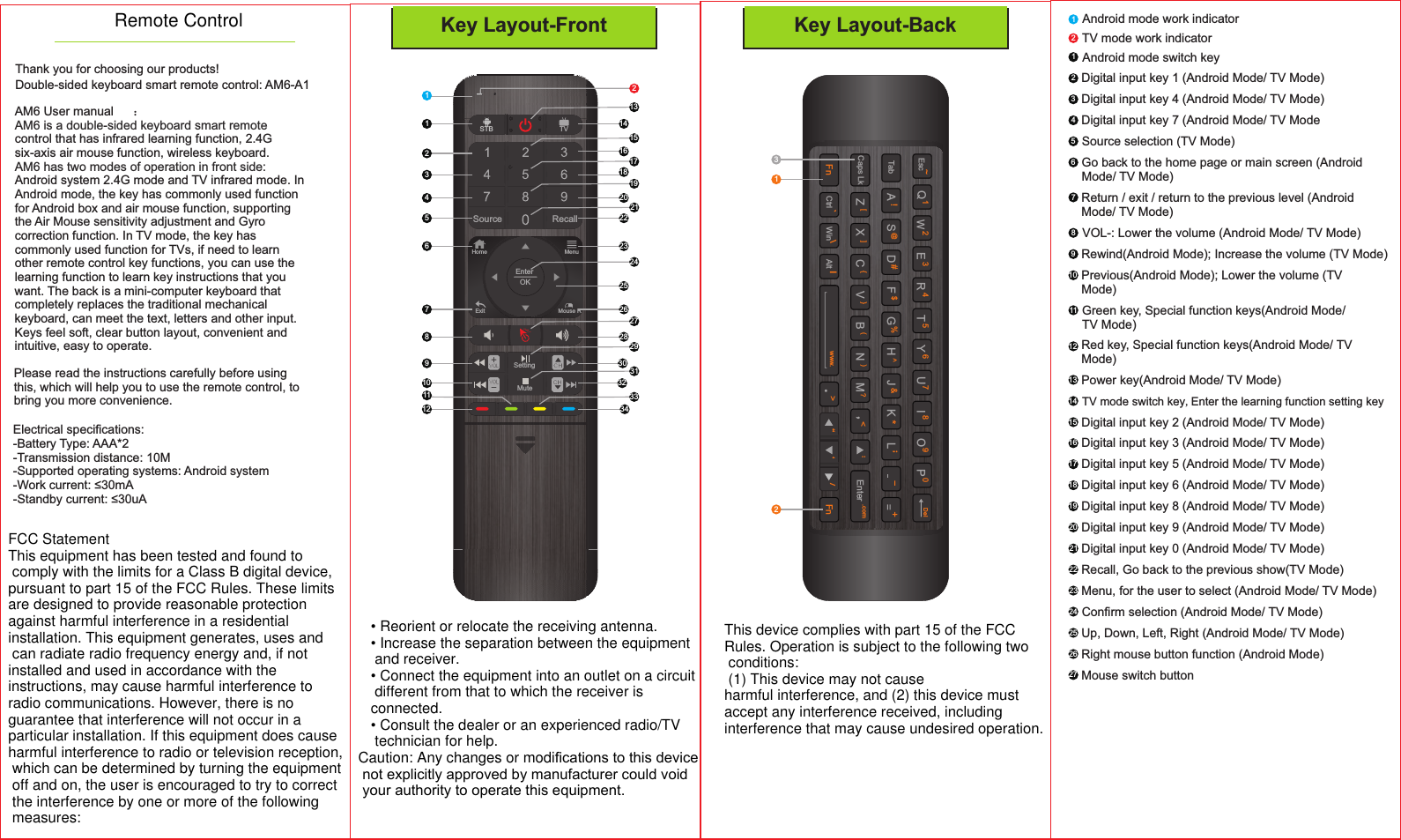 Q1W2E3R4T5Y6U7I8O9P0DelS@D#F$G%J&amp;KH!AL;Esc~CtrlTabCaps Lkwww. FnFn:B(N(,<C{X[V{Enter .com[ZM?.<&ldquo;&lsquo;/Alt|Win\Key Layout-Front27Source RecallSTB TVSettingMuteHome MenuExit Mouse REnterOK11234567891011121314151617181920212223242526282930273132341233123Thank you for choosing our products!Double-sided keyboard smart remote control: AM6-A1Key Layout-BackAM6 User manual ：AM6 is a double-sided keyboard smart remotecontrol that has infrared learning function, 2.4Gsix-axis air mouse function, wireless keyboard.AM6 has two modes of operation in front side:Android system 2.4G mode and TV infrared mode. InAndroid mode, the key has commonly used functionfor Android box and air mouse function, supportingthe Air Mouse sensitivity adjustment and Gyrocorrection function. In TV mode, the key hascommonly used function for TVs, if need to learnother remote control key functions, you can use thelearning function to learn key instructions that youwant. The back is a mini-computer keyboard thatcompletely replaces the traditional mechanicalkeyboard, can meet the text, letters and other input.Keys feel soft, clear button layout, convenient andintuitive, easy to operate.Please read the instructions carefully before usingthis, which will help you to use the remote control, tobring you more convenience.Electrical speciﬁcations:-Battery Type: AAA*2-Transmission distance: 10M-Supported operating systems: Android system-Work current: &le;30mA-Standby current: &le;30uA1Android mode switch key2Digital input key 1 (Android Mode/ TV Mode)8VOL-: Lower the volume (Android Mode/ TV Mode)9Rewind(Android Mode); Increase the volume (TV Mode)1Android mode work indicator2TV mode work indicator3Digital input key 4 (Android Mode/ TV Mode)4Digital input key 7 (Android Mode/ TV Mode5Source selection (TV Mode)27 Mouse switch button13 Power key(Android Mode/ TV Mode)14 TV mode switch key Enter the learning function setting key,24 Conﬁrm selection (Android Mode/ TV Mode)26 Right mouse button function (Android Mode)25 Up, Down, Left, Right (Android Mode/ TV Mode)15 Digital input key 2 (Android Mode/ TV Mode)16 Digital input key 3 (Android Mode/ TV Mode)17 Digital input key 5 (Android Mode/ TV Mode)18 Digital input key 6 (Android Mode/ TV Mode)19 Digital input key 8 (Android Mode/ TV Mode)20 Digital input key 9 (Android Mode/ TV Mode)21 Digital input key 0 (Android Mode/ TV Mode)22 Recall, Go back to the previous show(TV Mode)2323 Menu, for the user to select (Android Mode/ TV Mode)6Go back to the home page or main screen (AndroidMode/ TV Mode)7Return / exit / return to the previous level (AndroidMode/ TV Mode)10 Previous(Android Mode); Lower the volume (TVMode)11 Green key, Special function keys(Android Mode/TV Mode)12 Red key, Special function keys(Android Mode/ TVMode)Remote ControlFCC StatementThis equipment has been tested and found to comply with the limits for a Class B digital device, pursuant to part 15 of the FCC Rules. These limits are designed to provide reasonable protection against harmful interference in a residential installation. This equipment generates, uses and can radiate radio frequency energy and, if not installed and used in accordance with the instructions, may cause harmful interference to radio communications. However, there is no guarantee that interference will not occur in a particular installation. If this equipment does cause harmful interference to radio or television reception, which can be determined by turning the equipment off and on, the user is encouraged to try to correct the interference by one or more of the following measures:&bull; Reorient or relocate the receiving antenna.&bull; Increase the separation between the equipment and receiver.&bull; Connect the equipment into an outlet on a circuit different from that to which the receiver is connected.&bull; Consult the dealer or an experienced radio/TV technician for help.Caution: Any changes or modiﬁcations to this device not explicitly approved by manufacturer could void your authority to operate this equipment.This device complies with part 15 of the FCC Rules. Operation is subject to the following two conditions: (1) This device may not cause harmful interference, and (2) this device must accept any interference received, including interference that may cause undesired operation.