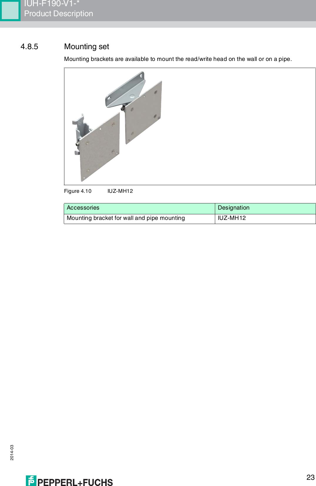 IUH-F190-V1-*Product Description 2014-03234.8.5 Mounting setMounting brackets are available to mount the read/write head on the wall or on a pipe.Figure 4.10 IUZ-MH12Accessories DesignationMounting bracket for wall and pipe mounting IUZ-MH12