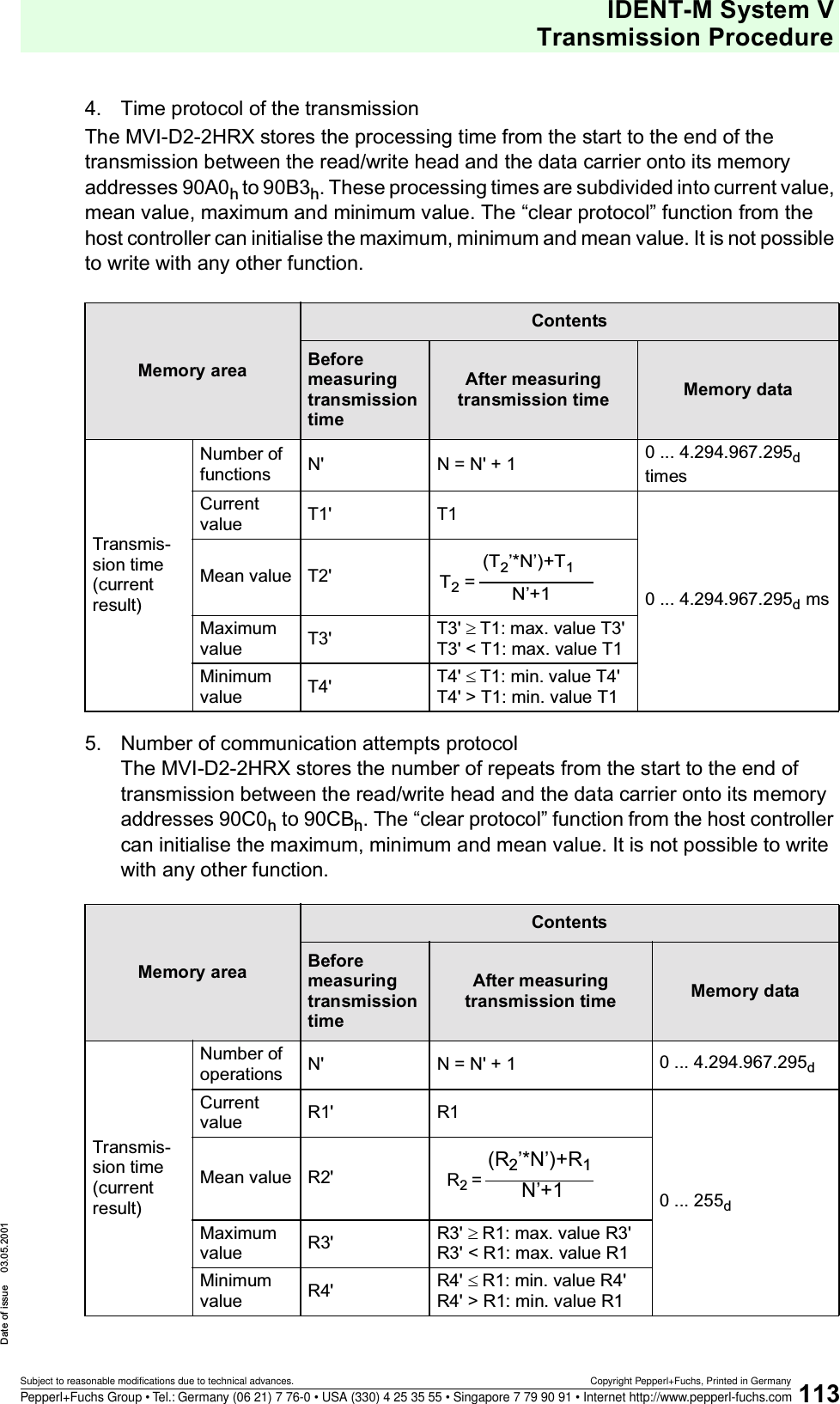 IDENT-M System VTransmission ProcedureDate of issue 03.05.2001113Subject to reasonable modifications due to technical advances. Copyright Pepperl+Fuchs, Printed in GermanyPepperl+Fuchs Group • Tel.: Germany (06 21) 7 76-0 • USA (330) 4 25 35 55 • Singapore 7 79 90 91 • Internet http://www.pepperl-fuchs.com4. Time protocol of the transmissionThe MVI-D2-2HRX stores the processing time from the start to the end of the transmission between the read/write head and the data carrier onto its memory addresses 90A0h to 90B3h. These processing times are subdivided into current value, mean value, maximum and minimum value. The “clear protocol” function from the host controller can initialise the maximum, minimum and mean value. It is not possible to write with any other function. 5. Number of communication attempts protocol The MVI-D2-2HRX stores the number of repeats from the start to the end of transmission between the read/write head and the data carrier onto its memory addresses 90C0h to 90CBh. The “clear protocol” function from the host controller can initialise the maximum, minimum and mean value. It is not possible to write with any other function.Memory areaContentsBefore measuring transmission timeAfter measuring transmission time Memory data Transmis-sion time (current result)Number of functions N&apos;  N = N&apos; + 1  0 ... 4.294.967.295d times Current value T1&apos; T10 ... 4.294.967.295d msMean value T2&apos;Maximum value T3&apos;  T3&apos; ³ T1: max. value T3&apos; T3&apos; &lt; T1: max. value T1Minimum value T4&apos;  T4&apos; £ T1: min. value T4&apos;T4&apos; &gt; T1: min. value T1Memory areaContentsBefore measuring transmission timeAfter measuring transmission time Memory data Transmis-sion time (current result)Number of operations N&apos;  N = N&apos; + 1  0 ... 4.294.967.295d Current value R1&apos; R10 ... 255dMean value R2&apos;Maximum value R3&apos;  R3&apos; ³ R1: max. value R3&apos; R3&apos; &lt; R1: max. value R1Minimum value R4&apos;  R4&apos; £ R1: min. value R4&apos; R4&apos; &gt; R1: min. value R1T2 = (T2’*N’)+T1N’+1R2 = (R2’*N’)+R1N’+1