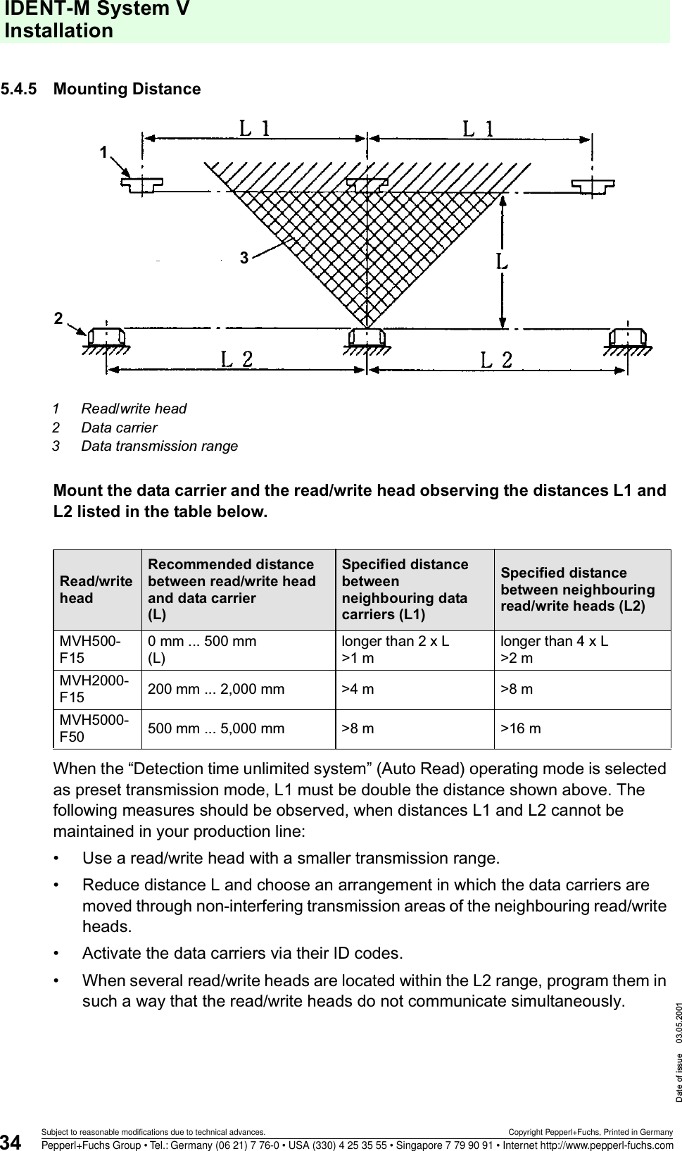 IDENT-M System V InstallationDate of issue 03.05.200134Subject to reasonable modifications due to technical advances. Copyright Pepperl+Fuchs, Printed in GermanyPepperl+Fuchs Group • Tel.: Germany (06 21) 7 76-0 • USA (330) 4 25 35 55 • Singapore 7 79 90 91 • Internet http://www.pepperl-fuchs.com5.4.5 Mounting DistanceMount the data carrier and the read/write head observing the distances L1 and L2 listed in the table below.When the “Detection time unlimited system” (Auto Read) operating mode is selected as preset transmission mode, L1 must be double the distance shown above. The following measures should be observed, when distances L1 and L2 cannot be maintained in your production line: • Use a read/write head with a smaller transmission range.• Reduce distance L and choose an arrangement in which the data carriers are moved through non-interfering transmission areas of the neighbouring read/write heads.• Activate the data carriers via their ID codes.• When several read/write heads are located within the L2 range, program them in such a way that the read/write heads do not communicate simultaneously.1 Read/write head2 Data carrier3 Data transmission rangeRead/write headRecommended distance between read/write head and data carrier(L)Specified distance betweenneighbouring data carriers (L1)Specified distance between neighbouring read/write heads (L2)MVH500-F150 mm ... 500 mm(L)longer than 2 x L&gt;1 mlonger than 4 x L&gt;2 mMVH2000-F15 200 mm ... 2,000 mm &gt;4 m &gt;8 mMVH5000-F50 500 mm ... 5,000 mm &gt;8 m &gt;16 m123