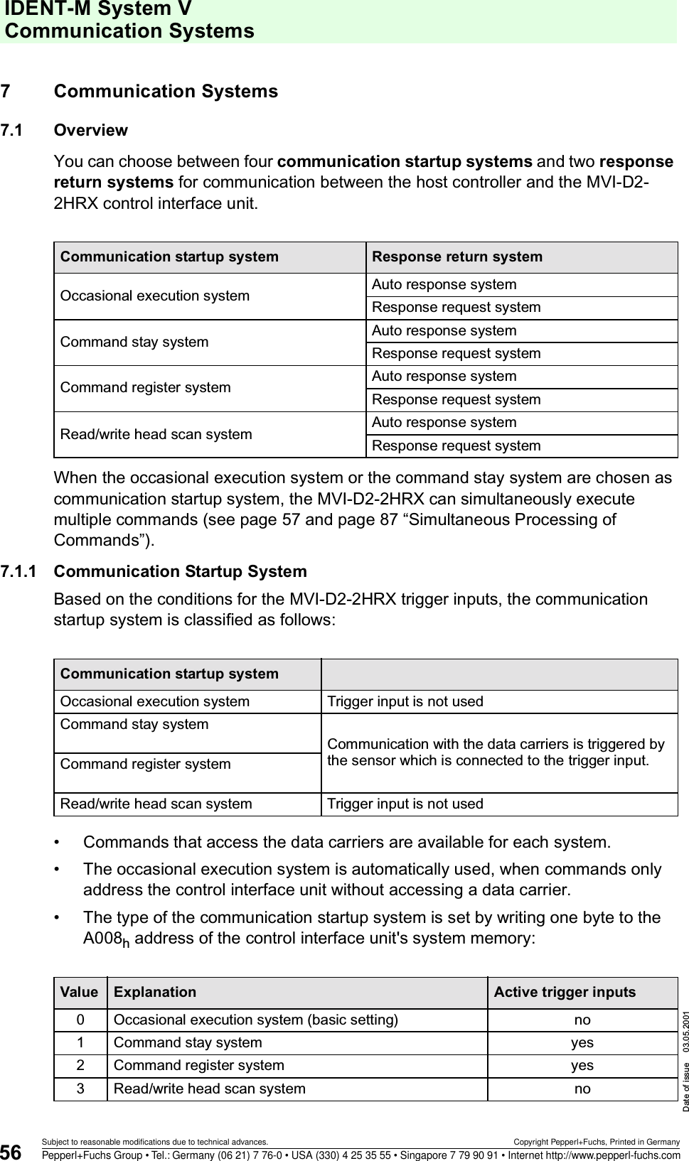 IDENT-M System V Communication SystemsDate of issue 03.05.200156Subject to reasonable modifications due to technical advances. Copyright Pepperl+Fuchs, Printed in GermanyPepperl+Fuchs Group • Tel.: Germany (06 21) 7 76-0 • USA (330) 4 25 35 55 • Singapore 7 79 90 91 • Internet http://www.pepperl-fuchs.com7 Communication Systems7.1 OverviewYou can choose between four communication startup systems and two response return systems for communication between the host controller and the MVI-D2-2HRX control interface unit.When the occasional execution system or the command stay system are chosen as communication startup system, the MVI-D2-2HRX can simultaneously execute multiple commands (see page 57 and page 87 “Simultaneous Processing of Commands”).7.1.1 Communication Startup SystemBased on the conditions for the MVI-D2-2HRX trigger inputs, the communication startup system is classified as follows:• Commands that access the data carriers are available for each system.• The occasional execution system is automatically used, when commands only address the control interface unit without accessing a data carrier.• The type of the communication startup system is set by writing one byte to the A008h address of the control interface unit&apos;s system memory:Communication startup system Response return systemOccasional execution system Auto response systemResponse request systemCommand stay system Auto response systemResponse request systemCommand register system Auto response systemResponse request systemRead/write head scan system Auto response systemResponse request systemCommunication startup systemOccasional execution system Trigger input is not usedCommand stay systemCommunication with the data carriers is triggered by the sensor which is connected to the trigger input.Command register systemRead/write head scan system Trigger input is not usedValue Explanation Active trigger inputs0 Occasional execution system (basic setting) no1 Command stay system yes2 Command register system yes3 Read/write head scan system no