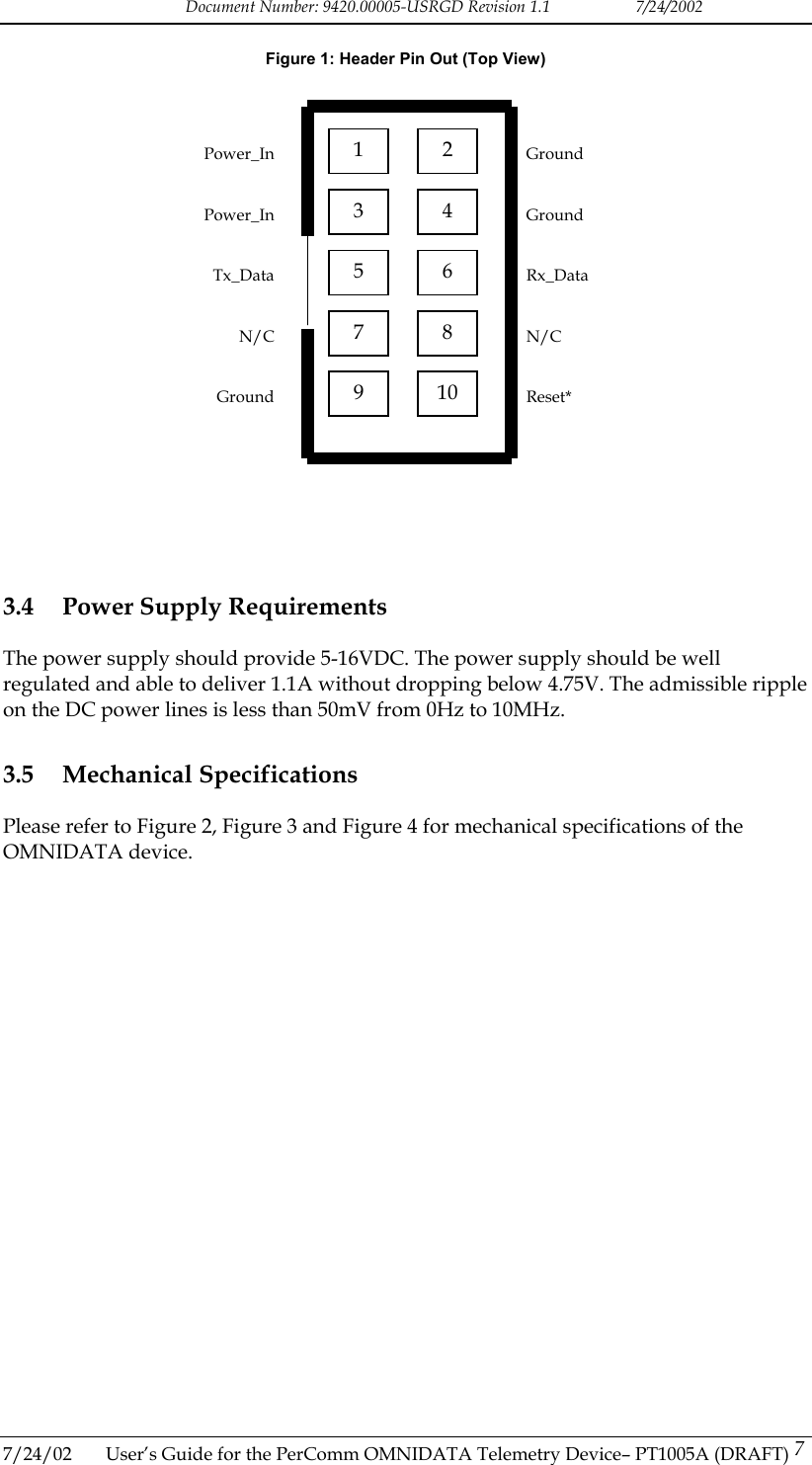 Document Number: 9420.00005-USRGD Revision 1.1    7/24/2002 Figure 1: Header Pin Out (Top View)  1  2 3  4 5  6 7  8 9  10   Ground   Ground   Rx_Data   N/C   Reset* Power_InPower_InTx_DataN/CGround                  3.4  Power Supply Requirements The power supply should provide 5-16VDC. The power supply should be well regulated and able to deliver 1.1A without dropping below 4.75V. The admissible ripple on the DC power lines is less than 50mV from 0Hz to 10MHz. 3.5 Mechanical Specifications Please refer to Figure 2, Figure 3 and Figure 4 for mechanical specifications of the OMNIDATA device.  7/24/02  User&rsquo;s Guide for the PerComm OMNIDATA Telemetry Device&ndash; PT1005A (DRAFT) 7   