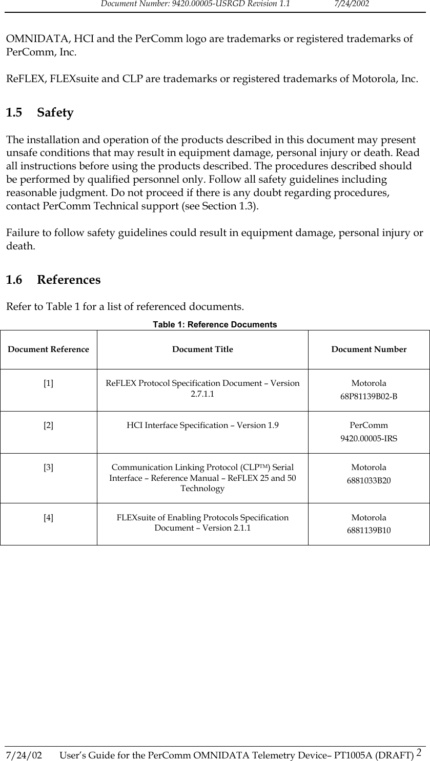 Document Number: 9420.00005-USRGD Revision 1.1    7/24/2002  OMNIDATA, HCI and the PerComm logo are trademarks or registered trademarks of PerComm, Inc.  ReFLEX, FLEXsuite and CLP are trademarks or registered trademarks of Motorola, Inc. 1.5 Safety The installation and operation of the products described in this document may present unsafe conditions that may result in equipment damage, personal injury or death. Read all instructions before using the products described. The procedures described should be performed by qualified personnel only. Follow all safety guidelines including reasonable judgment. Do not proceed if there is any doubt regarding procedures, contact PerComm Technical support (see Section 1.3).  Failure to follow safety guidelines could result in equipment damage, personal injury or death. 1.6 References Refer to Table 1 for a list of referenced documents. Table 1: Reference Documents Document Reference  Document Title  Document Number [1]  ReFLEX Protocol Specification Document &ndash; Version 2.7.1.1 Motorola 68P81139B02-B [2]  HCI Interface Specification &ndash; Version 1.9  PerComm 9420.00005-IRS [3]  Communication Linking Protocol (CLPTM) Serial Interface &ndash; Reference Manual &ndash; ReFLEX 25 and 50 Technology Motorola 6881033B20 [4]  FLEXsuite of Enabling Protocols Specification Document &ndash; Version 2.1.1 Motorola 6881139B10   7/24/02  User&rsquo;s Guide for the PerComm OMNIDATA Telemetry Device&ndash; PT1005A (DRAFT) 2   