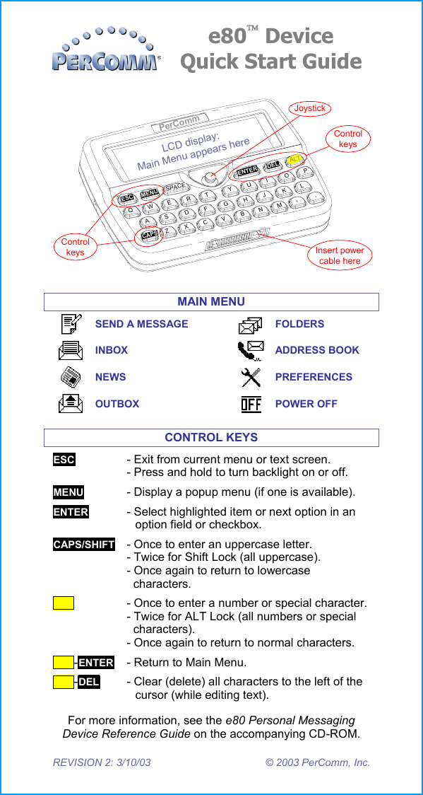     REVISION 2: 3/10/03  &copy; 2003 PerComm, Inc. e80 Device Quick Start GuideLCD display:Main Menu appears herePerCommENTERESCMENUDELALTCAPSSPACEQWEASRTGFVBHYUIKNL,MJOP.CZXDJoystickControlkeys Insert powercable hereControlkeys MAIN MENU  SEND A MESSAGE FOLDERS    INBOX  ADDRESS BOOK    NEWS  PREFERENCES    OUTBOX  POWER OFF CONTROL KEYS ESC  - Exit from current menu or text screen. - Press and hold to turn backlight on or off.  MENU  - Display a popup menu (if one is available). ENTER  - Select highlighted item or next option in an option field or checkbox. CAPS/SHIFT  - Once to enter an uppercase letter. - Twice for Shift Lock (all uppercase). - Once again to return to lowercase   characters. ALT   - Once to enter a number or special character. - Twice for ALT Lock (all numbers or special   characters). - Once again to return to normal characters.  ALT-ENTER  - Return to Main Menu. ALT-DEL   - Clear (delete) all characters to the left of the cursor (while editing text). For more information, see the e80 Personal Messaging Device Reference Guide on the accompanying CD-ROM. 