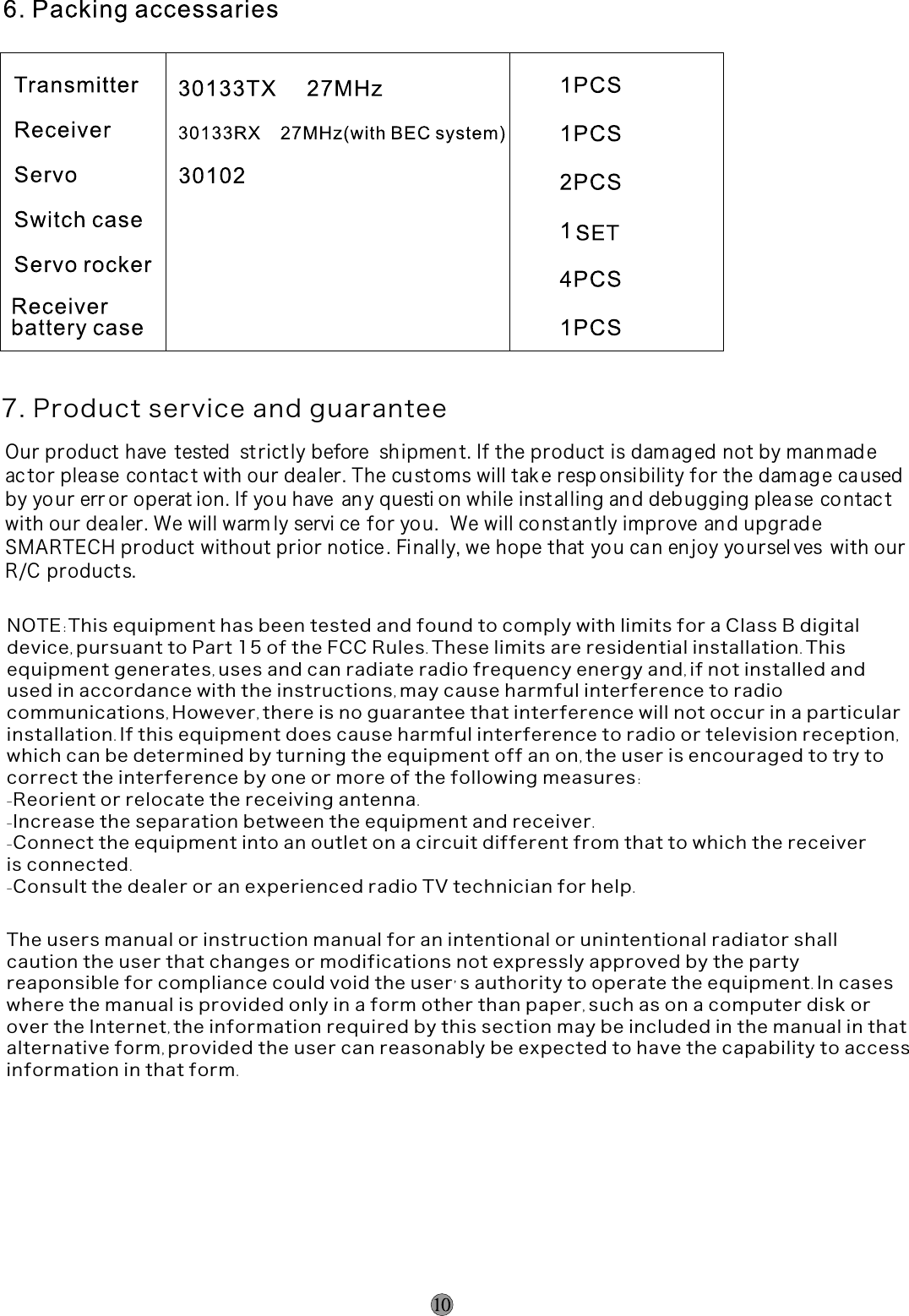 7. Product service and guaranteeOur product have  tested  st rict ly before  sh ipmen t. If the product is dam ag ed not by man made ac tor plea se co ntac t with our dealer. The cu st oms will tak e resp onsi bility for the damag e ca usedby yo ur err or operat ion. If you have  an y questi on while inst al ling an d debugging plea se co ntac t with our dealer. We will warm ly servi ce for yo u.  We will constan tly improve and upgrade SMARTECH product without prior notice . Fi nal ly, we hope that you ca n en joy yoursel ves  with ourR/C product s.NOTE:This equipment has been tested and found to comply with limits for a Class B digital device,pursuant to Part 15 of the FCC Rules.These limits are residential installation.This equipment generates,uses and can radiate radio frequency energy and,if not installed and used in accordance with the instructions,may cause harmful interference to radio communications,However,there is no guarantee that interference will not occur in a particular installation.If this equipment does cause harmful interference to radio or television reception,which can be determined by turning the equipment off an on,the user is encouraged to try to correct the interference by one or more of the following measures:-Reorient or relocate the receiving antenna.-Increase the separation between the equipment and receiver.-Connect the equipment into an outlet on a circuit different from that to which the receiveris connected.-Consult the dealer or an experienced radio TV technician for help.The users manual or instruction manual for an intentional or unintentional radiator shall caution the user that changes or modifications not expressly approved by the party reaponsible for compliance could void the user&apos;s authority to operate the equipment.In caseswhere the manual is provided only in a form other than paper,such as on a computer disk orover the Internet,the information required by this section may be included in the manual in thatalternative form,provided the user can reasonably be expected to have the capability to accessinformation in that form.