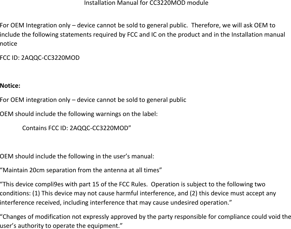 Perforce Outdoors CC3220MOD WiFi Module User Manual Installation Manual