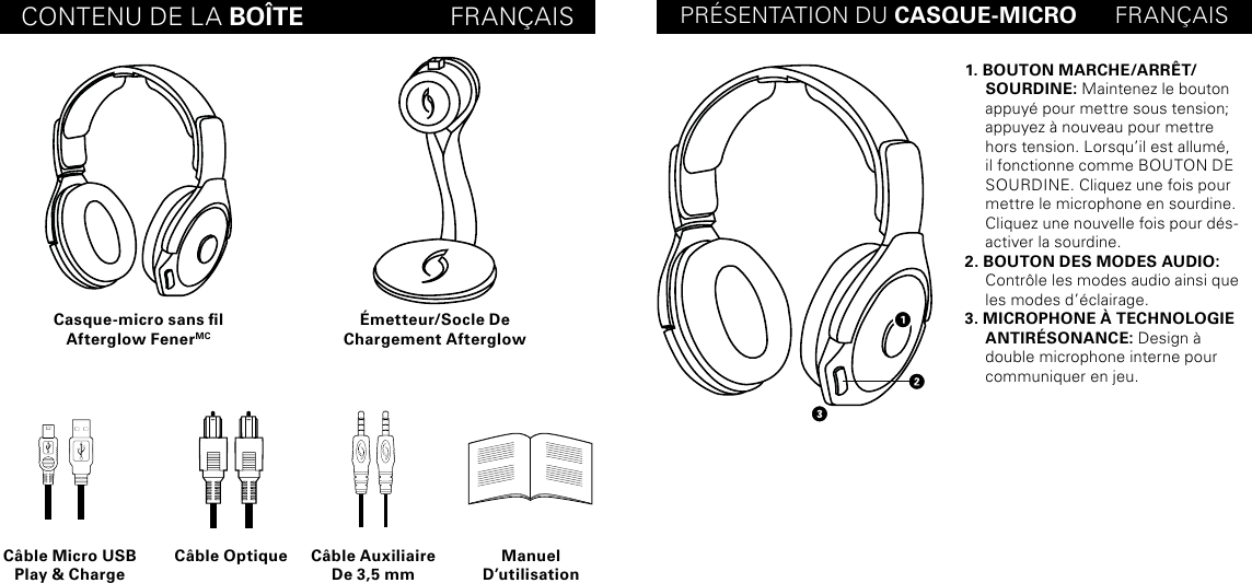 CONTENU DE LA BOÎTE                     FRANÇAIS PRÉSENTATION DU CASQUE-MICRO      FRANÇAISCasque-micro sans l Afterglow FenerMCCâble Micro USB Play &amp; ChargeCâble Optique Câble Auxiliaire De 3,5 mmManuel  D’utilisationÉmetteur/Socle De Chargement Afterglow1. BOUTON MARCHE/ARRÊT/ SOURDINE: Maintenez le bouton appuyé pour mettre sous tension; appuyez à nouveau pour mettre hors tension. Lorsqu’il est allumé, il fonctionne comme BOUTON DE SOURDINE. Cliquez une fois pour mettre le microphone en sourdine. Cliquez une nouvelle fois pour dés-activer la sourdine.2. BOUTON DES MODES AUDIO: Contrôle les modes audio ainsi que les modes d’éclairage. 3. MICROPHONE À TECHNOLOGIE ANTIRÉSONANCE: Design à double microphone interne pour communiquer en jeu.