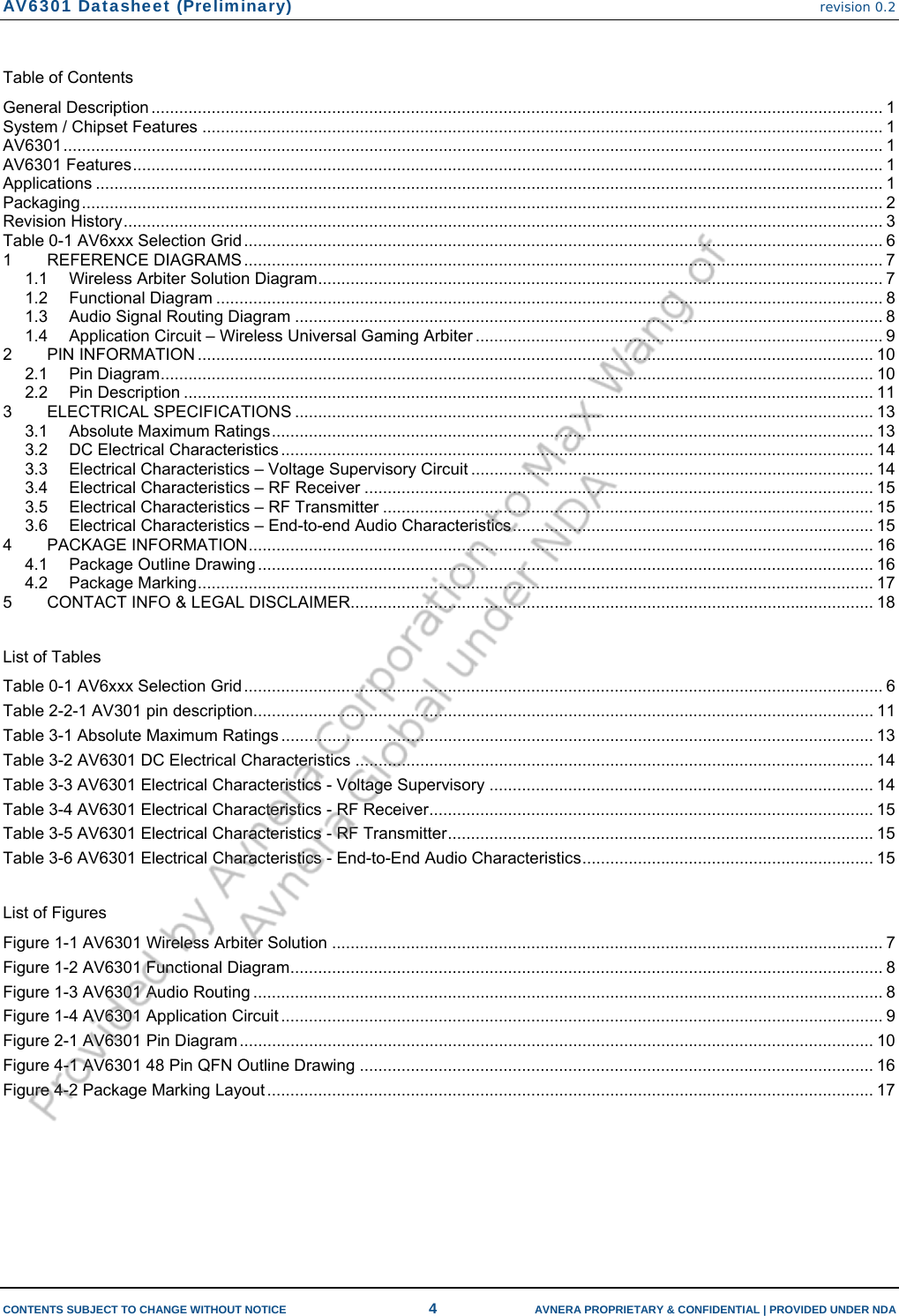 AV6301 Datasheet (Preliminary) revision 0.2  CONTENTS SUBJECT TO CHANGE WITHOUT NOTICE  4  AVNERA PROPRIETARY &amp; CONFIDENTIAL | PROVIDED UNDER NDA  Table of Contents General Description .............................................................................................................................................................. 1System / Chipset Features ................................................................................................................................................... 1AV6301................................................................................................................................................................................. 1AV6301 Features.................................................................................................................................................................. 1Applications .......................................................................................................................................................................... 1Packaging............................................................................................................................................................................. 2Revision History.................................................................................................................................................................... 3Table 0-1 AV6xxx Selection Grid .......................................................................................................................................... 61REFERENCE DIAGRAMS .......................................................................................................................................... 71.1Wireless Arbiter Solution Diagram.......................................................................................................................... 71.2Functional Diagram ................................................................................................................................................ 81.3Audio Signal Routing Diagram ............................................................................................................................... 81.4Application Circuit – Wireless Universal Gaming Arbiter ........................................................................................ 92PIN INFORMATION .................................................................................................................................................. 102.1Pin Diagram.......................................................................................................................................................... 102.2Pin Description ..................................................................................................................................................... 113ELECTRICAL SPECIFICATIONS ............................................................................................................................. 133.1Absolute Maximum Ratings.................................................................................................................................. 133.2DC Electrical Characteristics ................................................................................................................................ 143.3Electrical Characteristics – Voltage Supervisory Circuit ....................................................................................... 143.4Electrical Characteristics – RF Receiver .............................................................................................................. 153.5Electrical Characteristics – RF Transmitter .......................................................................................................... 153.6Electrical Characteristics – End-to-end Audio Characteristics.............................................................................. 154PACKAGE INFORMATION....................................................................................................................................... 164.1Package Outline Drawing ..................................................................................................................................... 164.2Package Marking.................................................................................................................................................. 175CONTACT INFO &amp; LEGAL DISCLAIMER................................................................................................................. 18 List of Tables Table 0-1 AV6xxx Selection Grid .......................................................................................................................................... 6Table 2-2-1 AV301 pin description...................................................................................................................................... 11Table 3-1 Absolute Maximum Ratings ................................................................................................................................ 13Table 3-2 AV6301 DC Electrical Characteristics ................................................................................................................ 14Table 3-3 AV6301 Electrical Characteristics - Voltage Supervisory ................................................................................... 14Table 3-4 AV6301 Electrical Characteristics - RF Receiver................................................................................................ 15Table 3-5 AV6301 Electrical Characteristics - RF Transmitter............................................................................................ 15Table 3-6 AV6301 Electrical Characteristics - End-to-End Audio Characteristics............................................................... 15 List of Figures Figure 1-1 AV6301 Wireless Arbiter Solution ....................................................................................................................... 7Figure 1-2 AV6301 Functional Diagram................................................................................................................................ 8Figure 1-3 AV6301 Audio Routing ........................................................................................................................................ 8Figure 1-4 AV6301 Application Circuit .................................................................................................................................. 9Figure 2-1 AV6301 Pin Diagram ......................................................................................................................................... 10Figure 4-1 AV6301 48 Pin QFN Outline Drawing ............................................................................................................... 16Figure 4-2 Package Marking Layout ................................................................................................................................... 17 