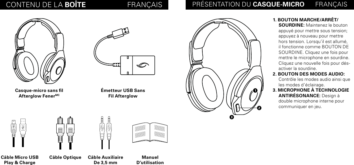 CONTENU DE LA BOÎTE                     FRANÇAIS PRÉSENTATION DU CASQUE-MICRO      FRANÇAISCasque-micro sans l Afterglow FenerMCCâble Micro USB Play &amp; ChargeCâble Optique Câble Auxiliaire De 3,5 mmManuel  D’utilisationÉmetteur USB Sans  Fil Afterglow1. BOUTON MARCHE/ARRÊT/ SOURDINE: Maintenez le bouton appuyé pour mettre sous tension; appuyez à nouveau pour mettre hors tension. Lorsqu’il est allumé, il fonctionne comme BOUTON DE SOURDINE. Cliquez une fois pour mettre le microphone en sourdine. Cliquez une nouvelle fois pour dés-activer la sourdine.2. BOUTON DES MODES AUDIO: Contrôle les modes audio ainsi que les modes d’éclairage. 3. MICROPHONE À TECHNOLOGIE ANTIRÉSONANCE: Design à double microphone interne pour communiquer en jeu.