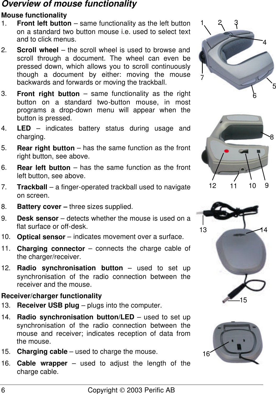  6 Copyright  2003 Perific AB  Overview of mouse functionality Mouse functionality 1. Front left button – same functionality as the left button on a standard two button mouse i.e. used to select text and to click menus. 2. Scroll wheel – the scroll wheel is used to browse and scroll through a document. The wheel can even be pressed down, which allows you to scroll continuously though a document by either: moving the mouse backwards and forwards or moving the trackball. 3. Front right button – same functionality as the right button on a standard two-button mouse, in most programs a drop-down menu will appear when the button is pressed.  4. LED  – indicates battery status during usage and charging.  5. Rear right button – has the same function as the front right button, see above. 6. Rear left button – has the same function as the front left button, see above. 7. Trackball – a finger-operated trackball used to navigate on screen.  8. Battery cover – three sizes supplied. 9. Desk sensor – detects whether the mouse is used on a flat surface or off-desk. 10. Optical sensor – indicates movement over a surface. 11. Charging connector – connects the charge cable of the charger/receiver. 12. Radio synchronisation button – used to set up synchronisation of the radio connection between the receiver and the mouse.  Receiver/charger functionality 13. Receiver USB plug – plugs into the computer. 14. Radio synchronisation button/LED – used to set up synchronisation of the radio connection between the mouse and receiver; indicates reception of data from the mouse. 15. Charging cable – used to charge the mouse. 16. Cable wrapper – used to adjust the length of the charge cable.  12 3 4 5 6 78 9 10 11 12 13 14 15 16 