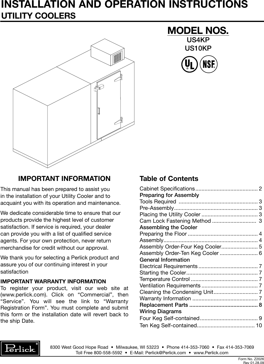 Page 1 of 12 - Perlick Perlick-Utility-Coolers-Us10Kp-Users-Manual-  Perlick-utility-coolers-us10kp-users-manual