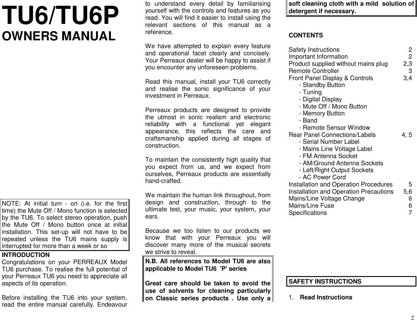 Page 2 of 8 - Perreaux Perreaux-Tu6-Tu6P-Users-Manual TU6_P_ Manual