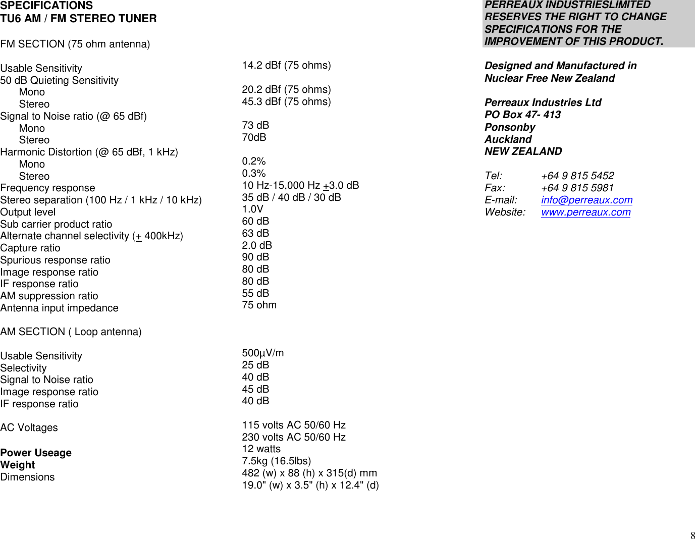 Page 8 of 8 - Perreaux Perreaux-Tu6-Tu6P-Users-Manual TU6_P_ Manual