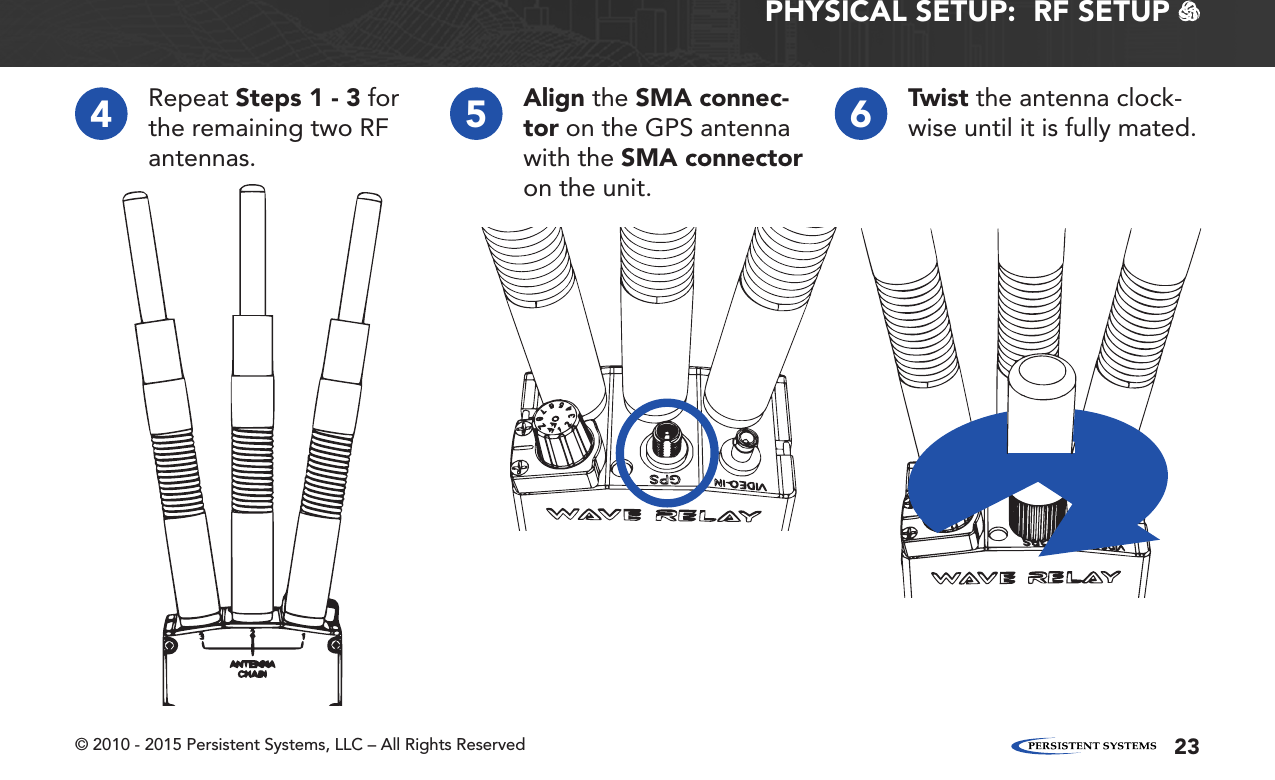 © 2010 - 2015 Persistent Systems, LLC – All Rights Reserved 23PHYSICAL SETUP:  RF SETUP   4Repeat Steps 1 - 3 for the remaining two RF antennas.5Align the SMA connec-tor on the GPS antenna with the SMA connector on the unit.6Twist the antenna clock-wise until it is fully mated.