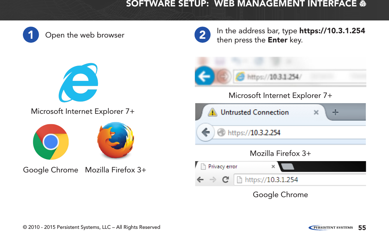 © 2010 - 2015 Persistent Systems, LLC – All Rights Reserved 55SOFTWARE SETUP:  WEB MANAGEMENT INTERFACE   1Open the web browserMicrosoft Internet Explorer 7+Microsoft Internet Explorer 7+Google ChromeGoogle ChromeMozilla Firefox 3+Mozilla Firefox 3+2In the address bar, type https://10.3.1.254 then press the Enter key.