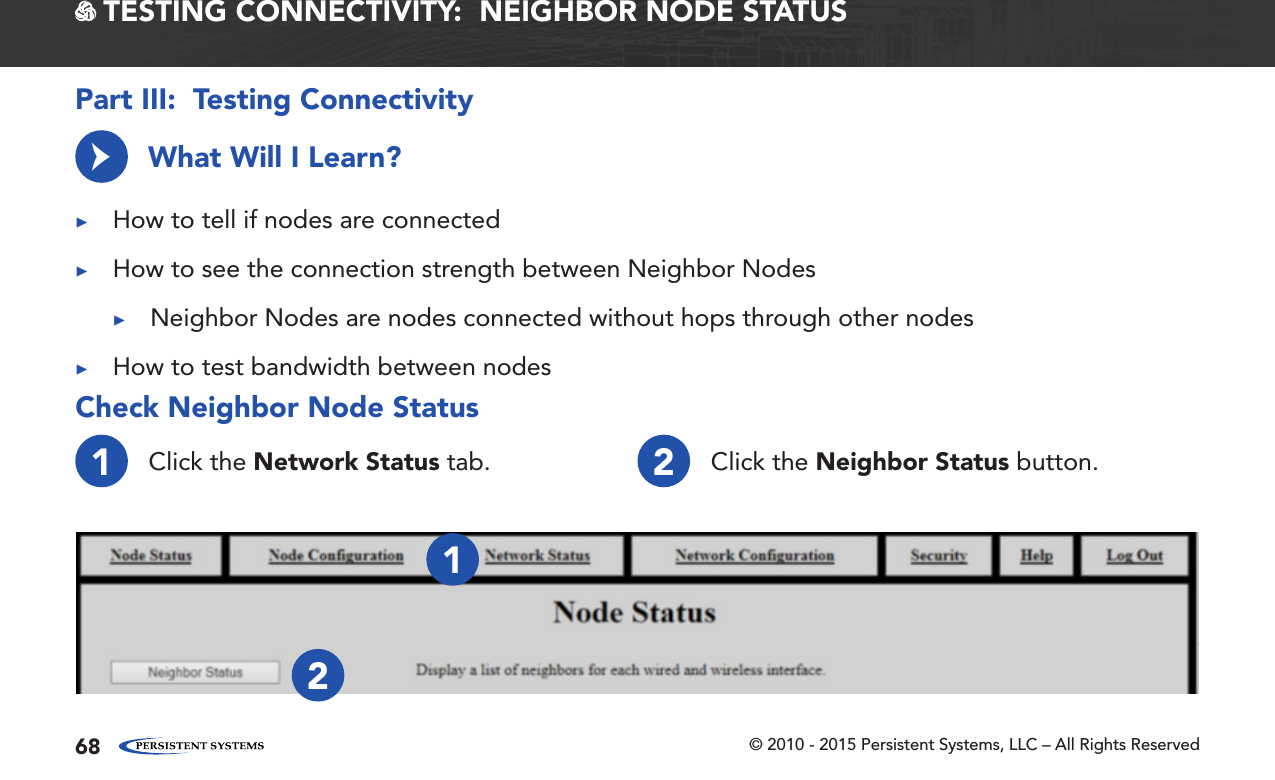 © 2010 - 2015 Persistent Systems, LLC – All Rights Reserved68 TESTING CONNECTIVITY:  NEIGHBOR NODE STATUSWhat Will I Learn? ▶How to tell if nodes are connected ▶How to see the connection strength between Neighbor Nodes ▶Neighbor Nodes are nodes connected without hops through other nodes ▶How to test bandwidth between nodes→Check Neighbor Node StatusPart III:  Testing Connectivity1Click the Network Status tab. 2Click the Neighbor Status button.12