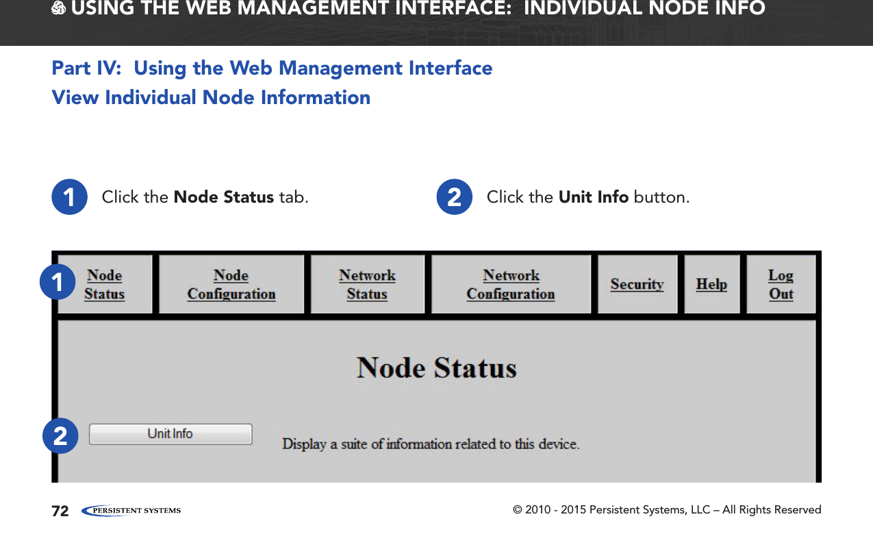 © 2010 - 2015 Persistent Systems, LLC – All Rights Reserved72 USING THE WEB MANAGEMENT INTERFACE:  INDIVIDUAL NODE INFOView Individual Node InformationPart IV:  Using the Web Management Interface1Click the Node Status tab. 2Click the Unit Info button.12