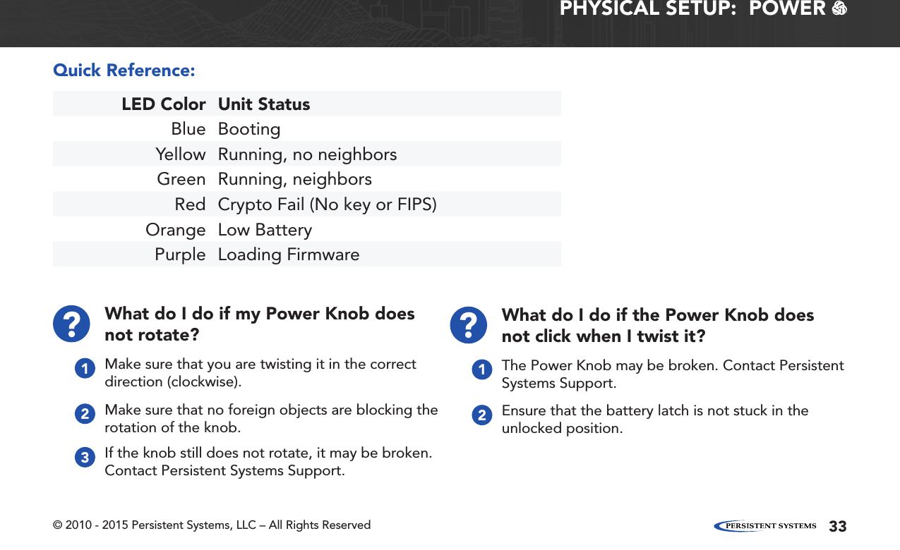 © 2010 - 2015 Persistent Systems, LLC – All Rights Reserved 33PHYSICAL SETUP:  POWER   What do I do if my Power Knob does not rotate?What do I do if the Power Knob does not click when I twist it???Make sure that you are twisting it in the correct direction (clockwise). The Power Knob may be broken. Contact Persistent Systems Support.Make sure that no foreign objects are blocking the rotation of the knob.If the knob still does not rotate, it may be broken.  Contact Persistent Systems Support.Ensure that the battery latch is not stuck in the unlocked position.11232LED Color Unit StatusBlue BootingYellow Running, no neighborsGreen Running, neighborsRed Crypto Fail (No key or FIPS)Orange Low BatteryPurple Loading FirmwareQuick Reference: