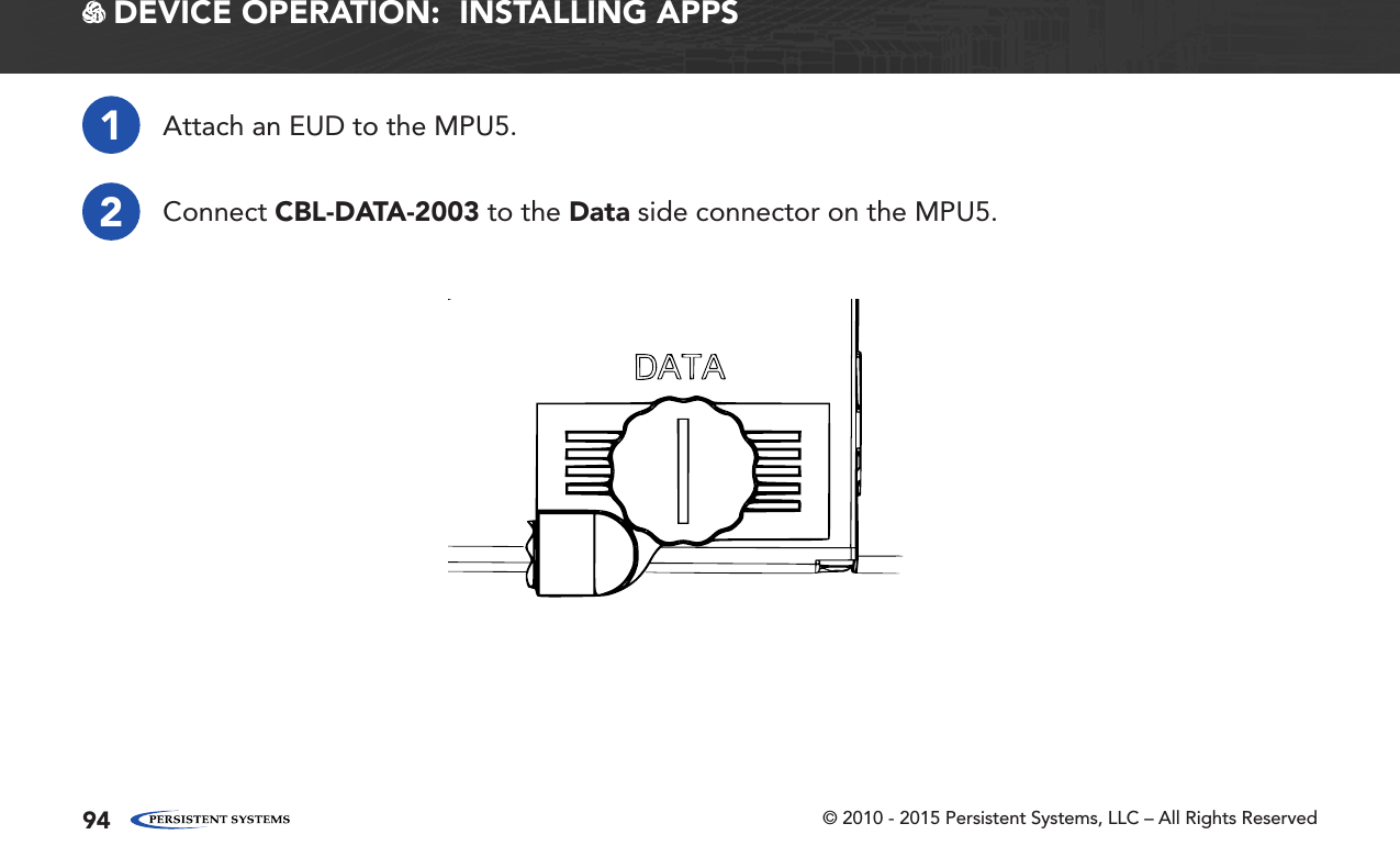 © 2010 - 2015 Persistent Systems, LLC – All Rights Reserved94 DEVICE OPERATION:  INSTALLING APPS12Attach an EUD to the MPU5.Connect CBL-DATA-2003 to the Data side connector on the MPU5.