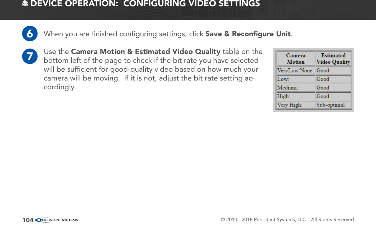© 2010 - 2018 Persistent Systems, LLC – All Rights Reserved104 DEVICE OPERATION:  CONFIGURING VIDEO SETTINGS6When you are ﬁnished conﬁguring settings, click Save &amp; Reconﬁgure Unit.7Use the Camera Motion &amp; Estimated Video Quality table on the bottom left of the page to check if the bit rate you have selected will be sufﬁcient for good-quality video based on how much your camera will be moving.  If it is not, adjust the bit rate setting ac-cordingly.