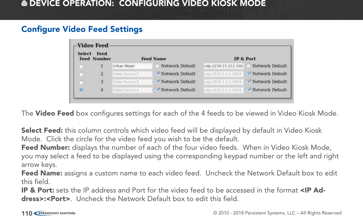 © 2010 - 2018 Persistent Systems, LLC – All Rights Reserved110 DEVICE OPERATION:  CONFIGURING VIDEO KIOSK MODEConﬁgure Video Feed SettingsThe Video Feed box conﬁgures settings for each of the 4 feeds to be viewed in Video Kiosk Mode.Select Feed: this column controls which video feed will be displayed by default in Video Kiosk Mode.  Click the circle for the video feed you wish to be the default.Feed Number: displays the number of each of the four video feeds.  When in Video Kiosk Mode, you may select a feed to be displayed using the corresponding keypad number or the left and right arrow keys.Feed Name: assigns a custom name to each video feed.  Uncheck the Network Default box to edit this ﬁeld.IP &amp; Port: sets the IP address and Port for the video feed to be accessed in the format &lt;IP Ad-dress&gt;:&lt;Port&gt;.  Uncheck the Network Default box to edit this ﬁeld.
