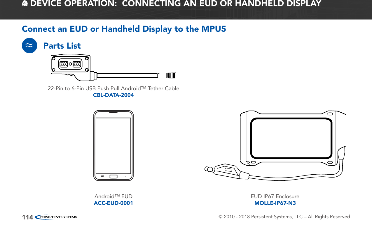 © 2010 - 2018 Persistent Systems, LLC – All Rights Reserved114 DEVICE OPERATION:  CONNECTING AN EUD OR HANDHELD DISPLAYConnect an EUD or Handheld Display to the MPU5Parts List≈EUD IP67 EnclosureMOLLE-IP67-N322-Pin to 6-Pin USB Push Pull Android™ Tether CableCBL-DATA-2004Android™ EUDACC-EUD-0001