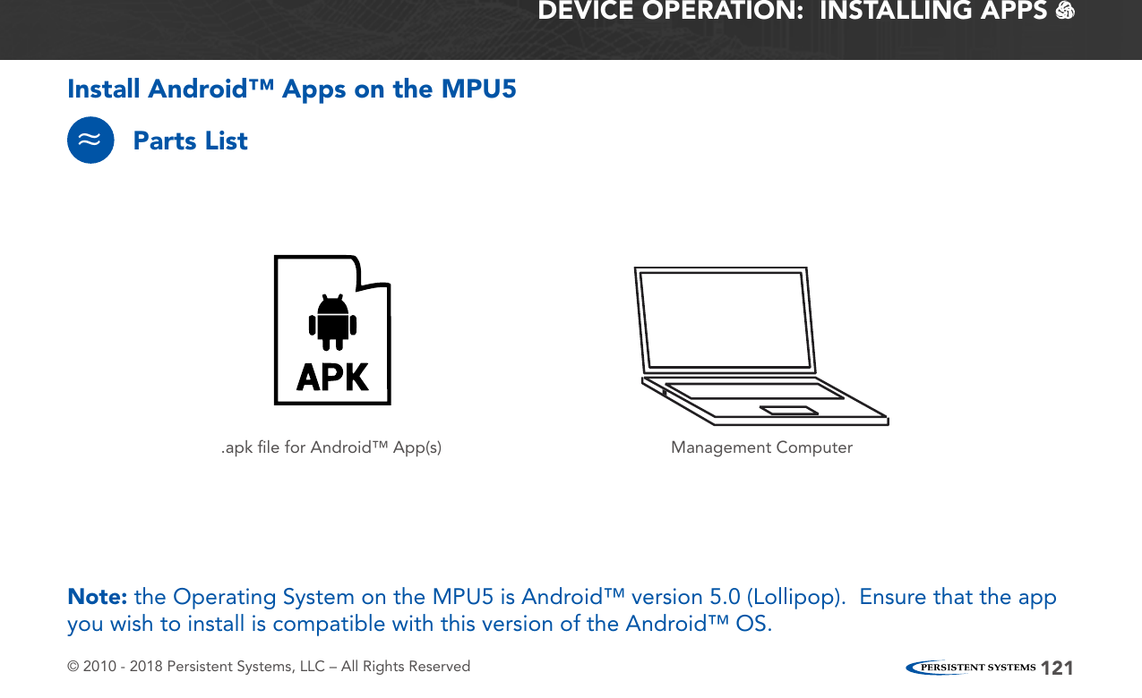 © 2010 - 2018 Persistent Systems, LLC – All Rights Reserved 121DEVICE OPERATION:  INSTALLING APPS   Install Android™ Apps on the MPU5Parts List≈.apk ﬁle for Android™ App(s) Management ComputerNote: the Operating System on the MPU5 is Android™ version 5.0 (Lollipop).  Ensure that the app you wish to install is compatible with this version of the Android™ OS.