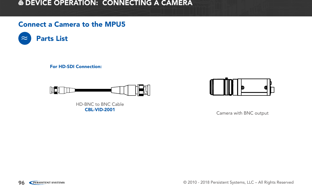 © 2010 - 2018 Persistent Systems, LLC – All Rights Reserved96 DEVICE OPERATION:  CONNECTING A CAMERAConnect a Camera to the MPU5Parts List≈Camera with BNC outputHD-BNC to BNC CableCBL-VID-2001For HD-SDI Connection: