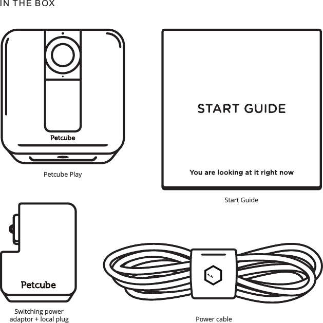 I N  T H E  B OX Petcube PlayStart GuidePower cable Switching power adaptor + local plug