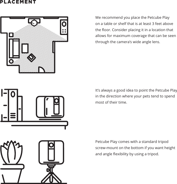 PLACEMENT We recommend you place the Petcube Play on a table or shelf that is at least 3 feet above the oor. Consider placing it in a location that allows for maximum coverage that can be seen through the camera&rsquo;s wide angle lens. It&rsquo;s always a good idea to point the Petcube Play in the direction where your pets tend to spend most of their time.Petcube Play comes with a standard tripod screw-mount on the bottom if you want height and angle exibility by using a tripod.