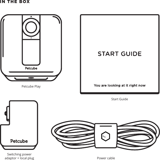 IN THE BOX Petcube PlayStart GuidePower cable Switching power adaptor + local plug