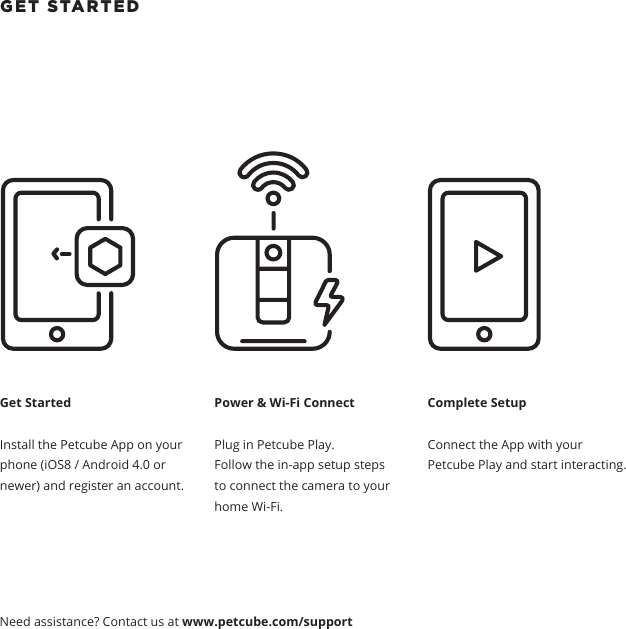 GET STARTED Get StartedInstall the Petcube App on your phone (iOS8 / Android 4.0 or newer) and register an account.Power &amp; Wi-Fi ConnectPlug in Petcube Play. Follow the in-app setup steps to connect the camera to your home Wi-Fi.Complete SetupConnect the App with your Petcube Play and start interacting. Need assistance? Contact us at www.petcube.com/support