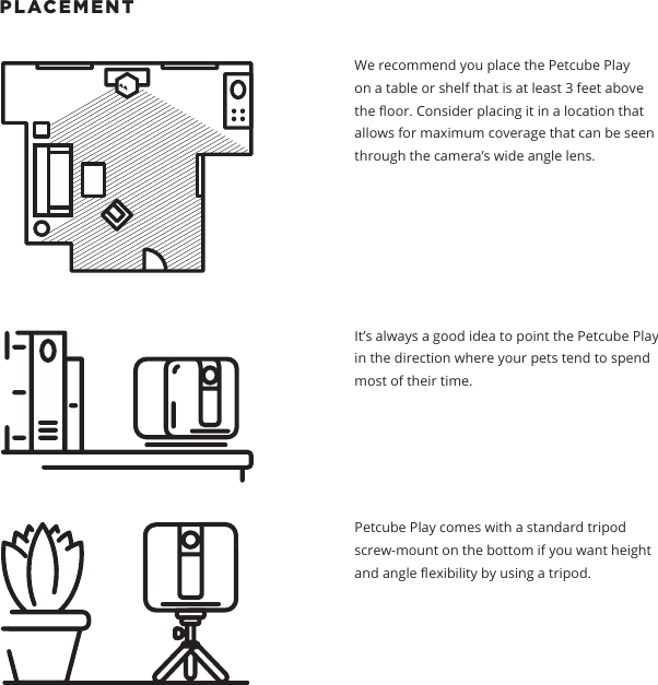 PLACEMENT We recommend you place the Petcube Play on a table or shelf that is at least 3 feet above the oor. Consider placing it in a location that allows for maximum coverage that can be seen through the camera&rsquo;s wide angle lens. It&rsquo;s always a good idea to point the Petcube Play in the direction where your pets tend to spend most of their time.Petcube Play comes with a standard tripod screw-mount on the bottom if you want height and angle exibility by using a tripod.