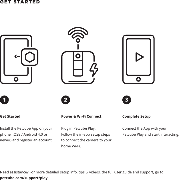 GET STARTED Get StartedInstall the Petcube App on your phone (iOS8 / Android 4.0 or newer) and register an account.Power &amp; Wi-Fi ConnectPlug in Petcube Play. Follow the in-app setup steps to connect the camera to your home Wi-Fi.Complete SetupConnect the App with your Petcube Play and start interacting. Need assistance? For more detailed setup info, tips &amp; videos, the full user guide and support, go to petcube.com/support/play321