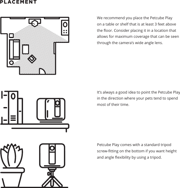 PLACEMENT We recommend you place the Petcube Play on a table or shelf that is at least 3 feet above the oor. Consider placing it in a location that allows for maximum coverage that can be seen through the camera&rsquo;s wide angle lens. It&rsquo;s always a good idea to point the Petcube Play in the direction where your pets tend to spend most of their time.Petcube Play comes with a standard tripod screw-tting on the bottom if you want height and angle exibility by using a tripod.