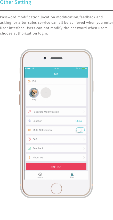 Other Setting100%9:41 AMPassword modiﬁcation,location modiﬁcation,feedback and asking for after-sales service can all be achieved when you enter User interface.Users can not modify the password when users choose authorization login.