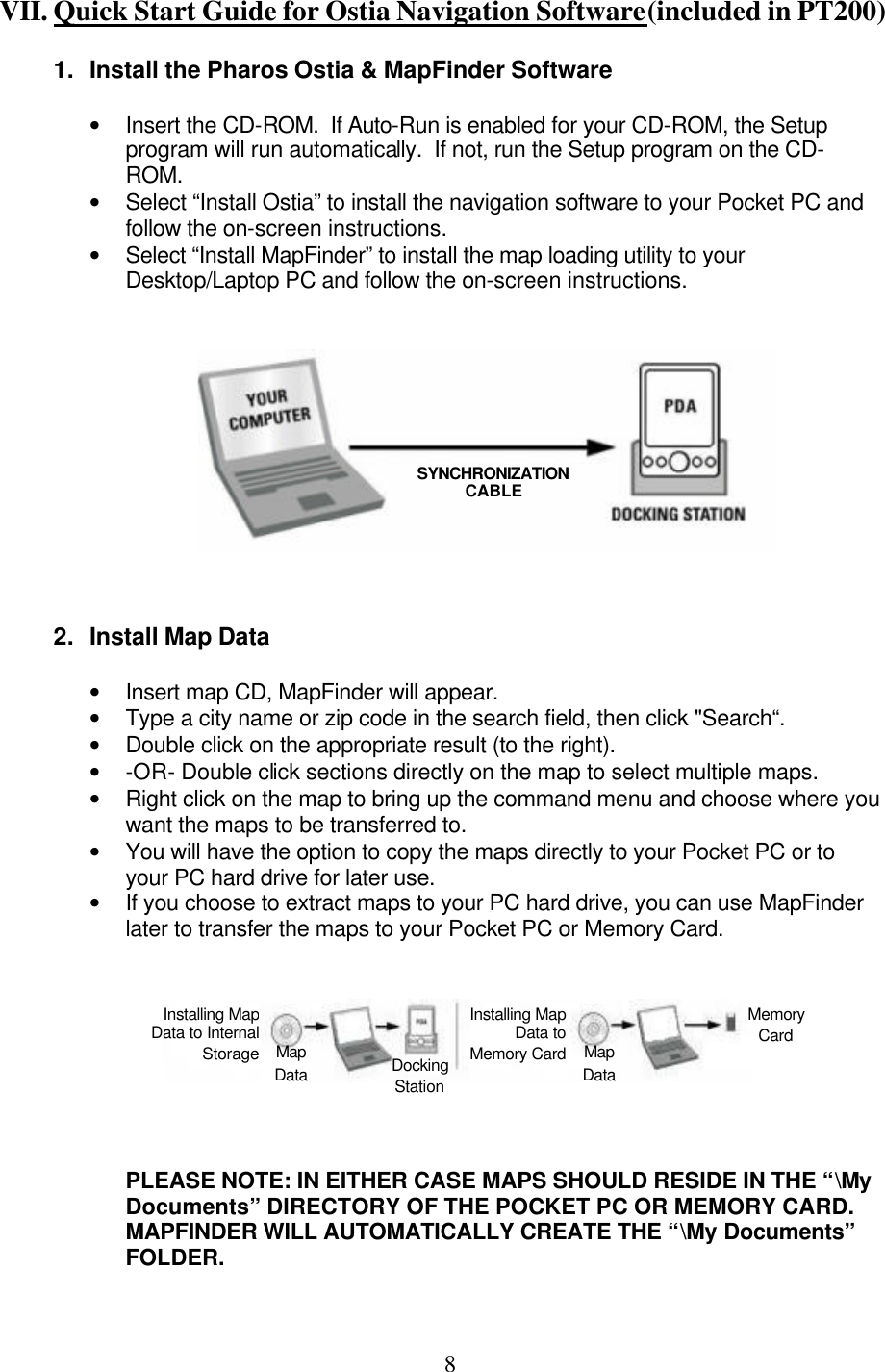  8  VII. Quick Start Guide for Ostia Navigation Software(included in PT200)  1. Install the Pharos Ostia &amp; MapFinder Software  • Insert the CD-ROM.  If Auto-Run is enabled for your CD-ROM, the Setup program will run automatically.  If not, run the Setup program on the CD-ROM.   • Select “Install Ostia” to install the navigation software to your Pocket PC and follow the on-screen instructions.   • Select “Install MapFinder” to install the map loading utility to your Desktop/Laptop PC and follow the on-screen instructions.              2. Install Map Data  • Insert map CD, MapFinder will appear. • Type a city name or zip code in the search field, then click &quot;Search“. • Double click on the appropriate result (to the right). • -OR- Double click sections directly on the map to select multiple maps. • Right click on the map to bring up the command menu and choose where you want the maps to be transferred to. • You will have the option to copy the maps directly to your Pocket PC or to your PC hard drive for later use. • If you choose to extract maps to your PC hard drive, you can use MapFinder later to transfer the maps to your Pocket PC or Memory Card.          PLEASE NOTE: IN EITHER CASE MAPS SHOULD RESIDE IN THE “\My Documents” DIRECTORY OF THE POCKET PC OR MEMORY CARD.  MAPFINDER WILL AUTOMATICALLY CREATE THE “\My Documents” FOLDER. SYNCHRONIZATION CABLE Map Data Installing Map Data to Memory CardMemory Card Map Data Docking Station Installing Map Data to Internal Storage