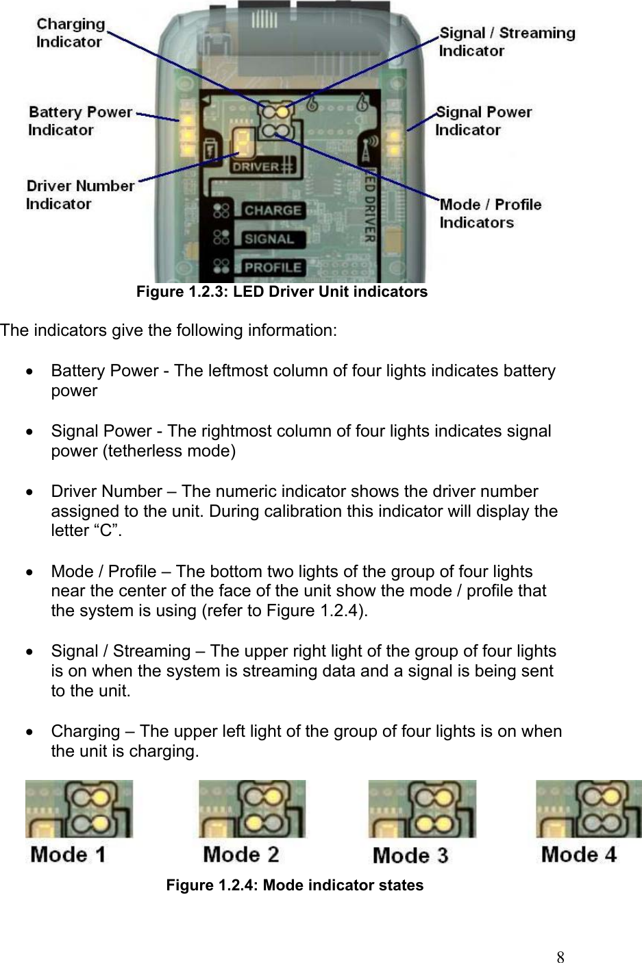  Figure 1.2.3: LED Driver Unit indicators  The indicators give the following information:  •  Battery Power - The leftmost column of four lights indicates battery power   •  Signal Power - The rightmost column of four lights indicates signal power (tetherless mode)  •  Driver Number – The numeric indicator shows the driver number assigned to the unit. During calibration this indicator will display the letter “C”.   •  Mode / Profile – The bottom two lights of the group of four lights near the center of the face of the unit show the mode / profile that the system is using (refer to Figure 1.2.4).  •  Signal / Streaming – The upper right light of the group of four lights is on when the system is streaming data and a signal is being sent to the unit.  •  Charging – The upper left light of the group of four lights is on when the unit is charging.   Figure 1.2.4: Mode indicator states   8