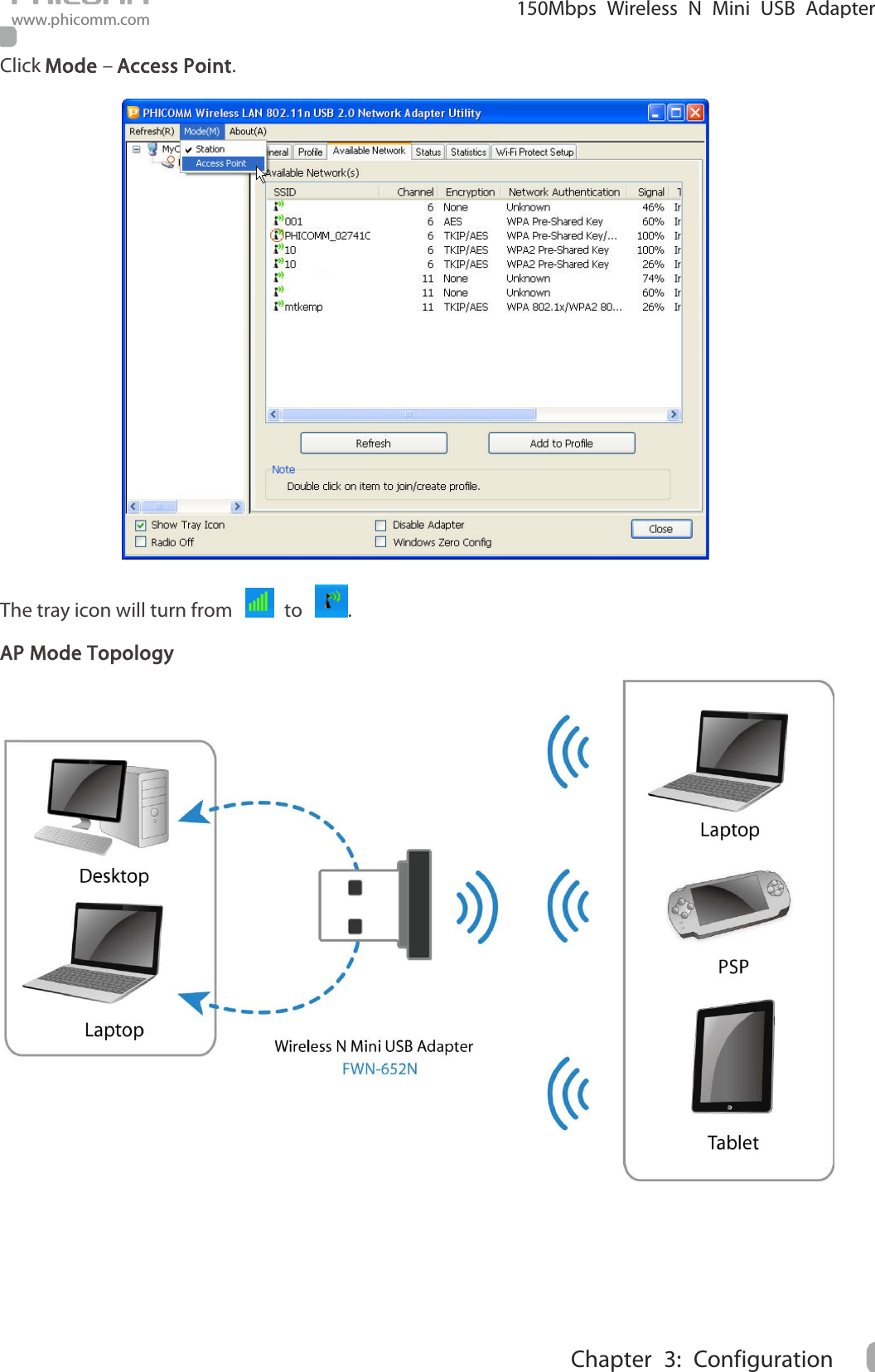                                                            150Mbps Wireless N Mini  USB Adapter www.phicomm.com 11 Chapter  3: Configuration  Click Mode – Access Point.  The tray icon will turn from    to  . AP Mode Topology       