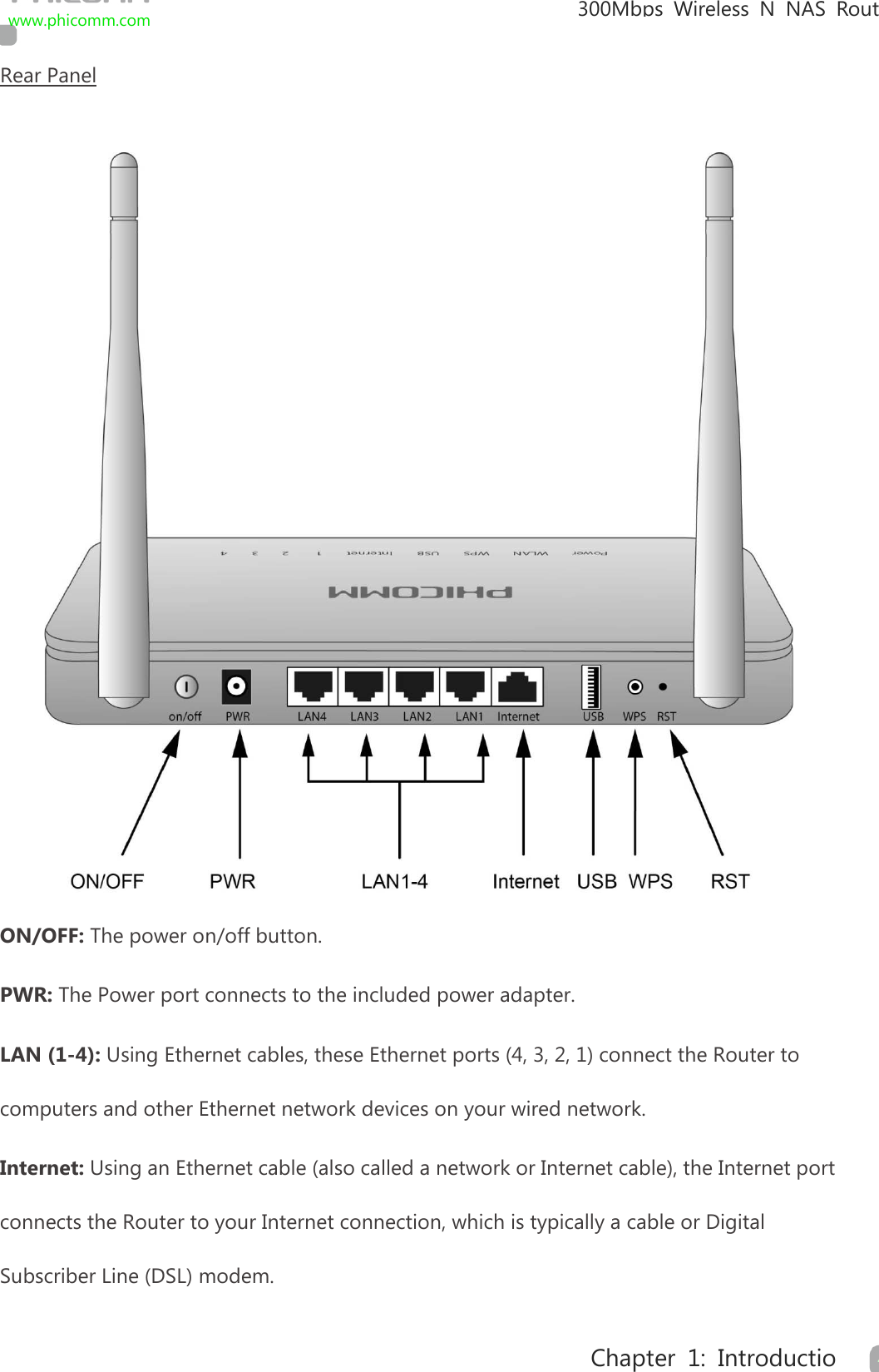                                                            300Mbps Wireless N NAS  Rout www.phicomm.com 4 Chapter 1: Introductio  Rear Panel  ON/OFF: The power on/off button. PWR: The Power port connects to the included power adapter. LAN (1-4): Using Ethernet cables, these Ethernet ports (4, 3, 2, 1) connect the Router to computers and other Ethernet network devices on your wired network. Internet: Using an Ethernet cable (also called a network or Internet cable), the Internet port connects the Router to your Internet connection, which is typically a cable or Digital Subscriber Line (DSL) modem. 
